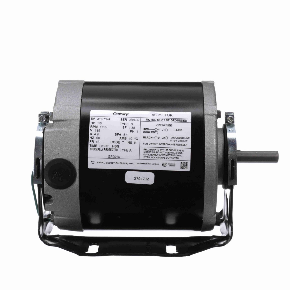 Century Fan and Blower Motor, 1/6 HP, 1 Ph, 60 Hz, 115 V, 1800 RPM, 48 Frame, OPEN - GF2014
