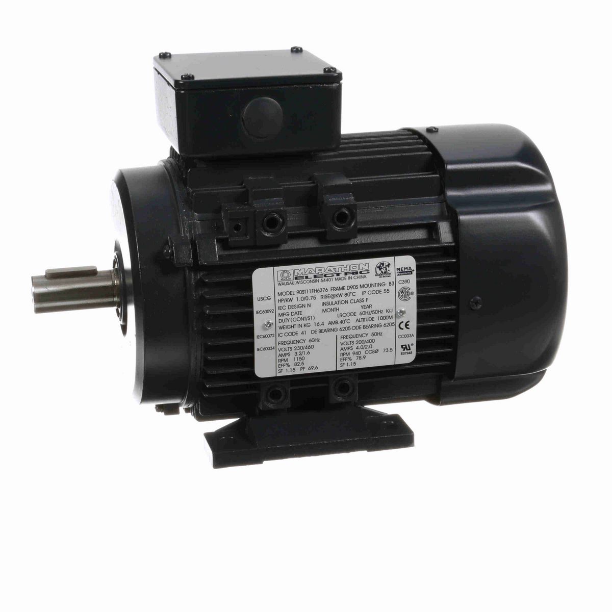 LEESON Aluminium Motor, 1 & 1 HP, 3 Ph, 60 & 50 Hz, 230/460 & 200/400 V, 1200 & 1000 RPM, 90S Frame, TEFC - R314A
