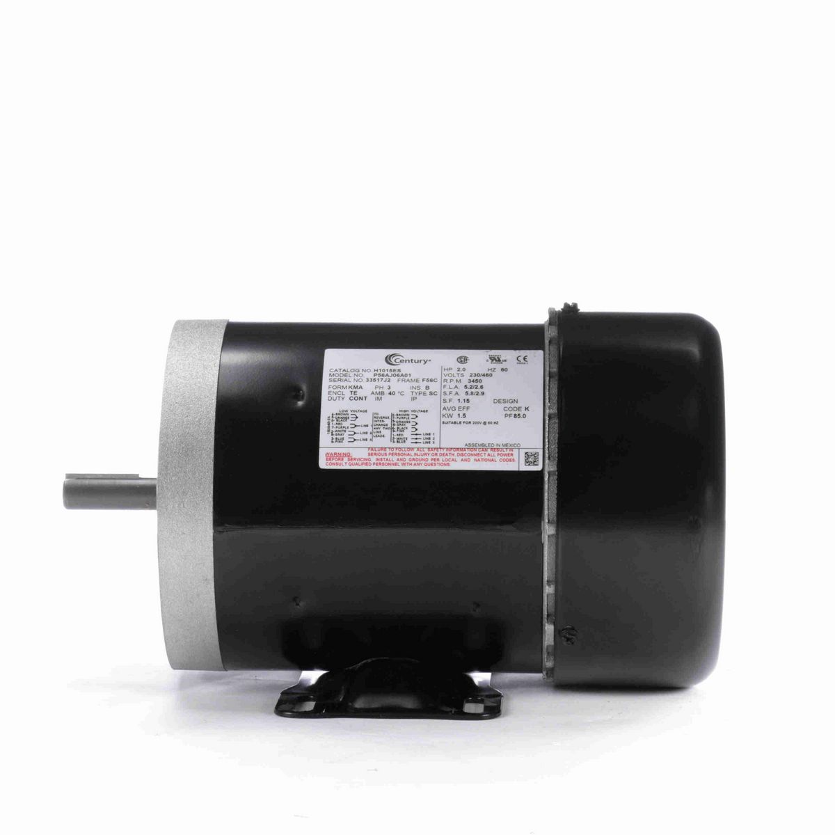 Century General Purpose Motor, 2.0 HP, 3 Ph, 60 Hz, 230/460 V, 3600 RPM, F56C Frame, TEFC - H1015ES