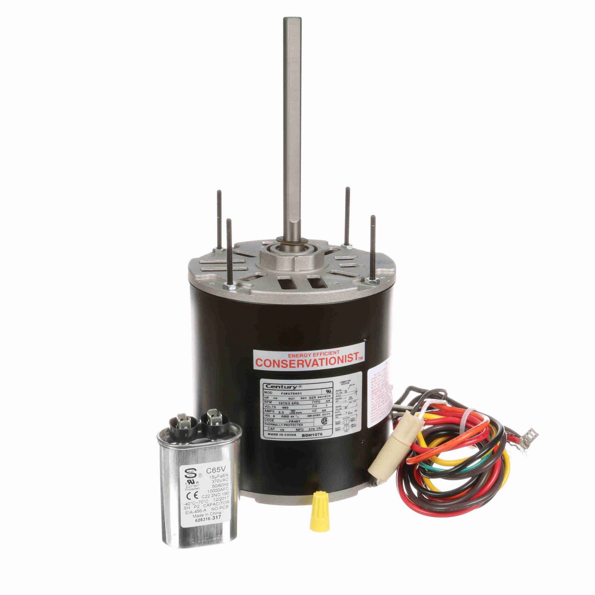 Century Fan and Blower Motor, 3/4 HP, 1 Ph, 60 Hz, 460 V, 1075 RPM, 2 Speed, 48 Frame, SEMI ENCLOSED - BDH1076