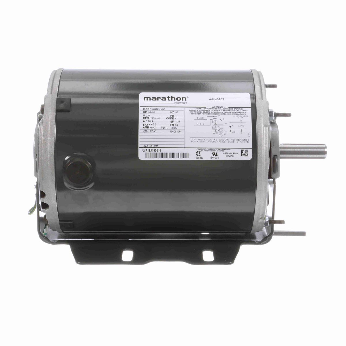 LEESON Fan and Blower Motor, 1/2-1/6 HP, 1 Ph, 60 Hz, 230 V, 1800 RPM, 56 Frame, DP - H275