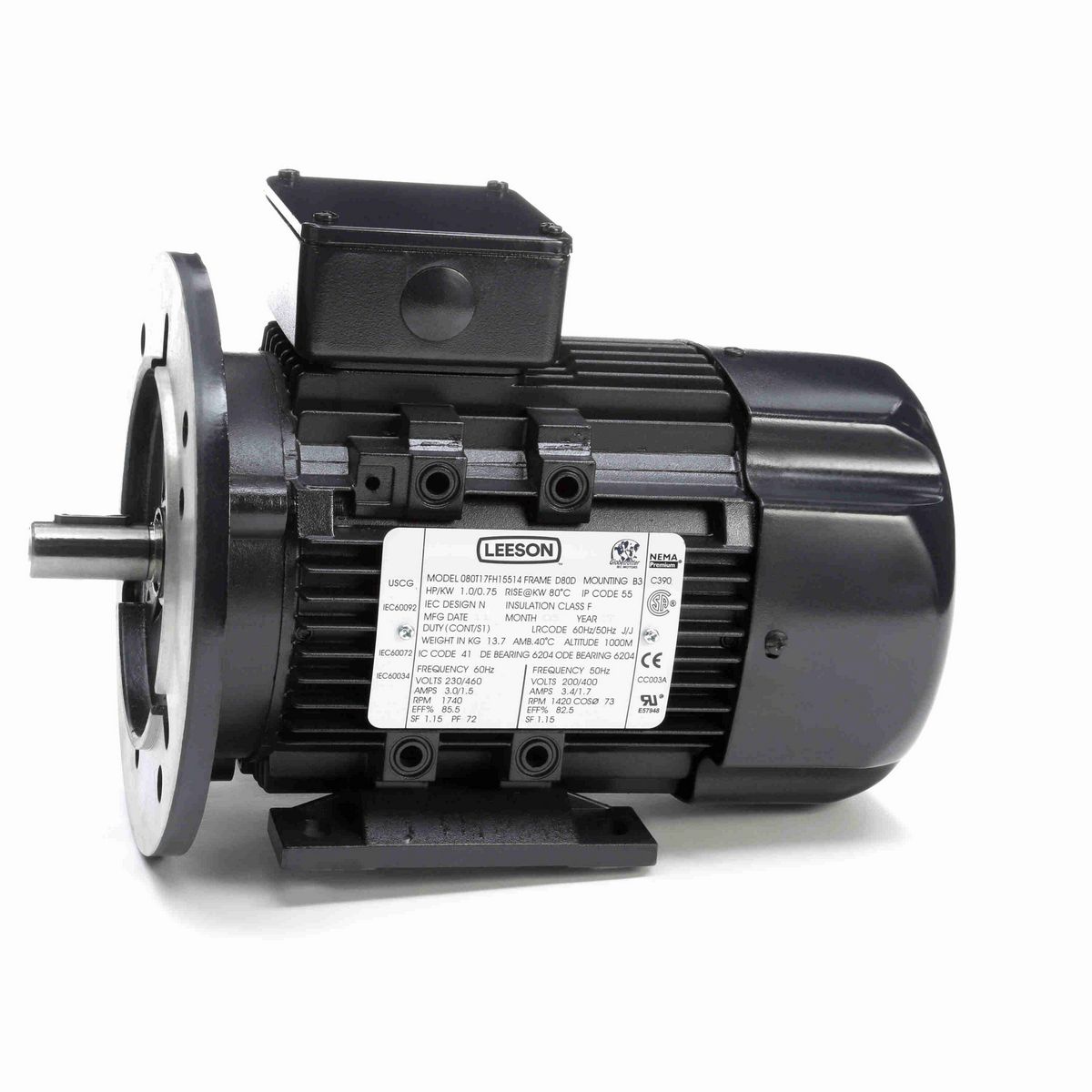 LEESON Aluminium Motor, 1 & 1 HP, 3 Ph, 60 & 50 Hz, 230/460 & 200/400 V, 1800 & 1500 RPM, 80 Frame, TEFC - R393A