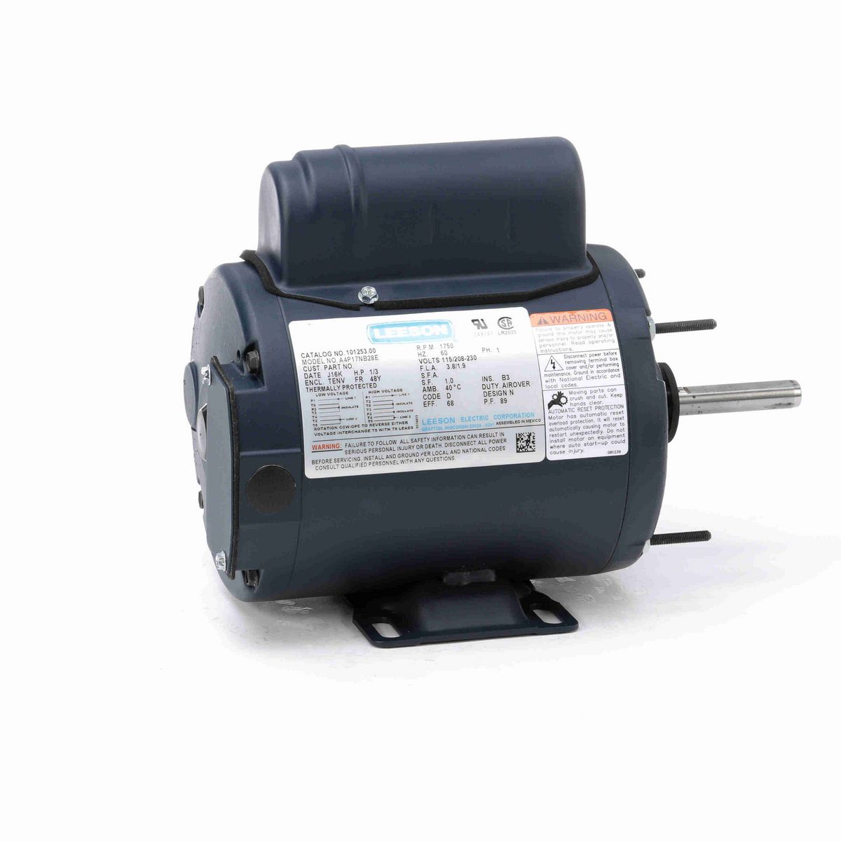 LEESON Agricultural Motor, 0.33 HP, 1 Ph, 60 Hz, 115/230 V, 1800 RPM, 48Y Frame, TENV - M090253.00