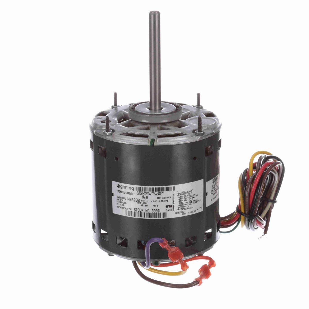 Genteq Fan and Blower Motor, 3/4 HP, 1 Ph, 60 Hz, 208-230 V, 1075 RPM, 2 Speed, 48 Frame, OPAO - 3390