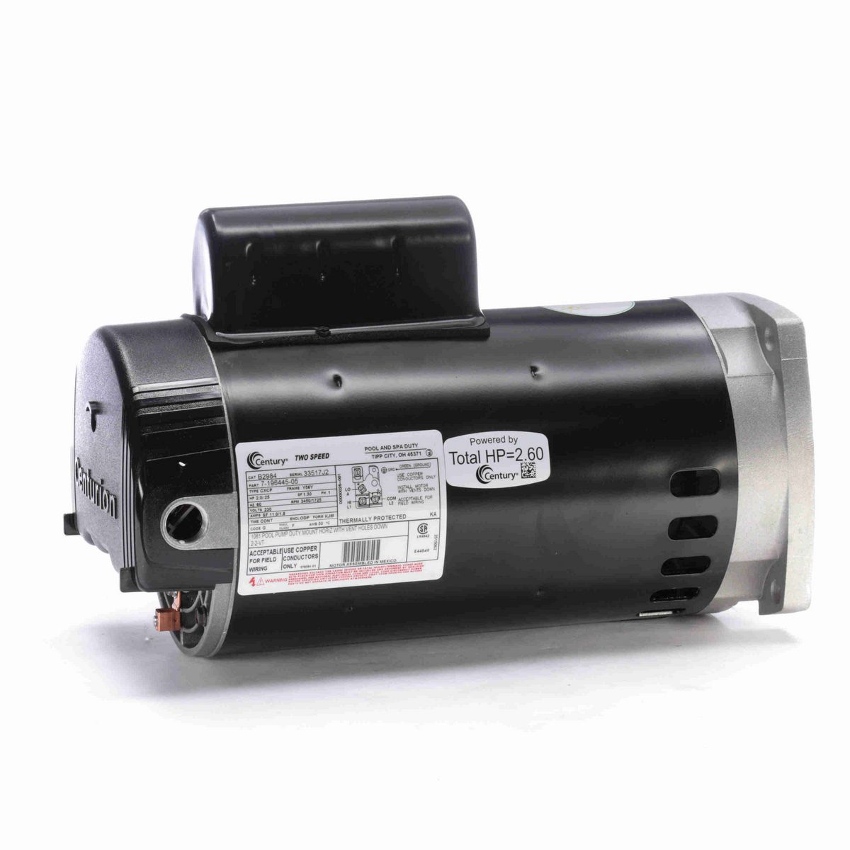 Century Pool Pump Motor, 2.0/.25 HP, 1 Ph, 60 Hz, 230 V, 3600 RPM, Y56Y Frame, ODP - B2984