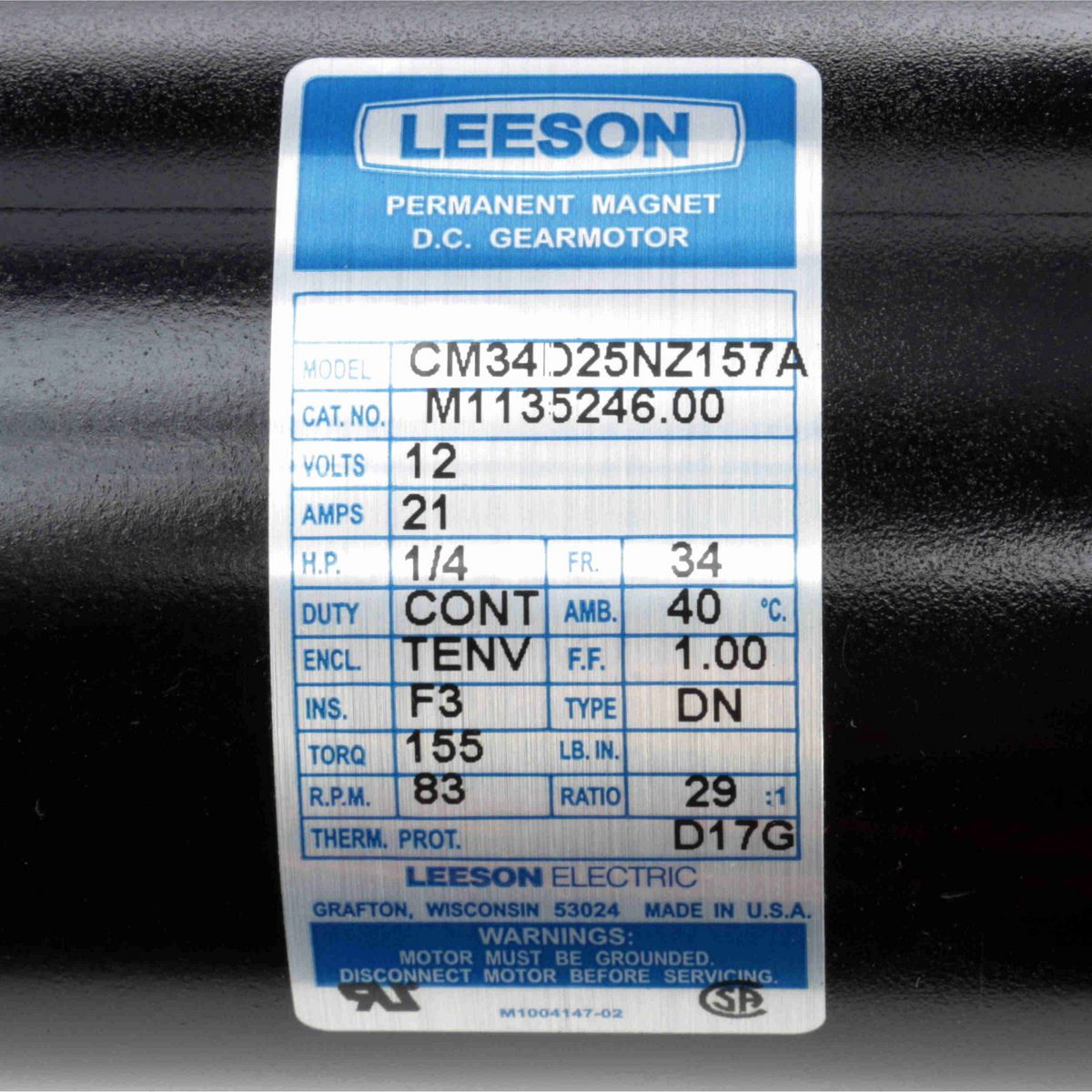 LEESON Parallel Shaft Gearmotor, 0.25 HP, 12 V, 83 RPM, 34 Frame, TENV - M1135246.00