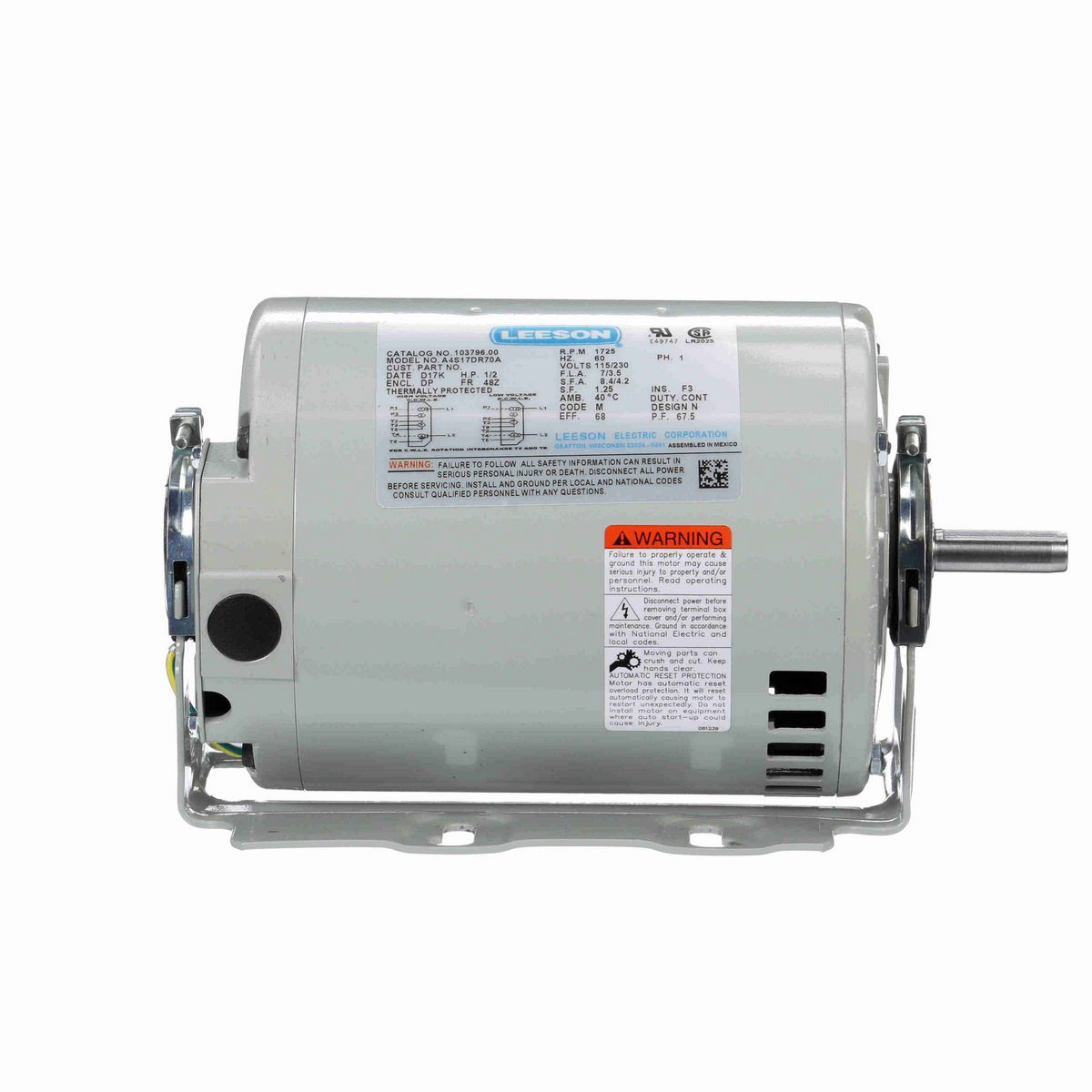 LEESON Refrigeration Motor, 0.50 HP, 1 Ph, 60 Hz, 115/230 V, 1800 RPM, 48Z Frame, DP - 103796.00