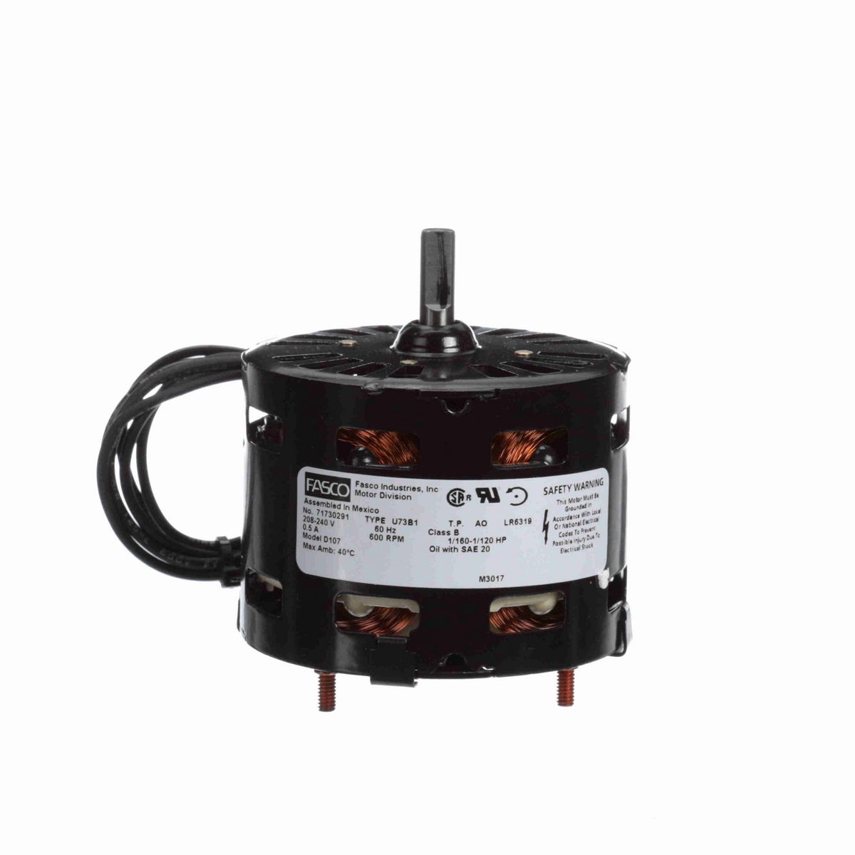 FASCO Fan and Blower Motor, 1/160 - 1/120 HP, 1 Ph, 60 Hz, 208-240 V, 600 RPM, 1 Speed, 3.3" Diameter, OAO - D107