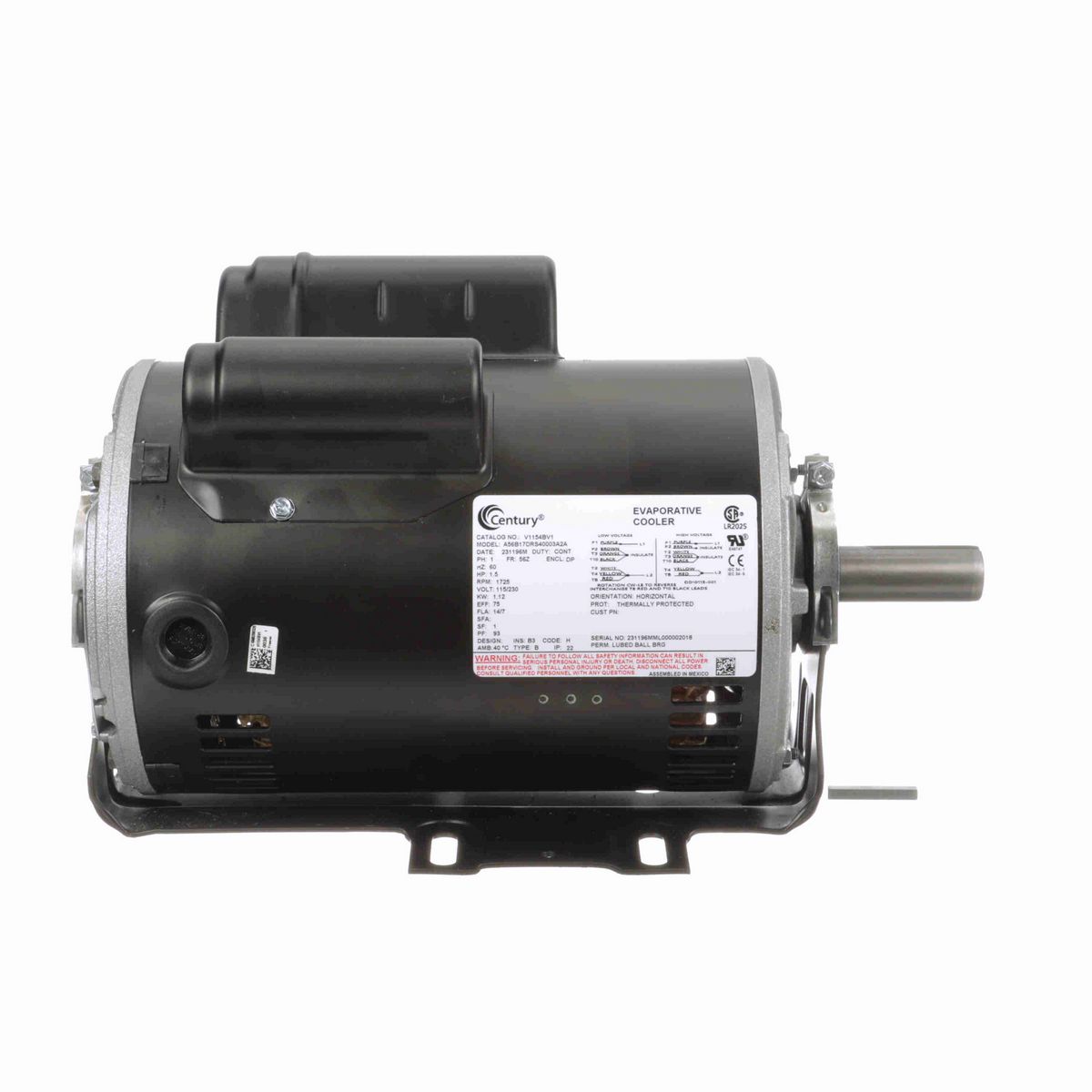 Century Refrigeration Motor, 1.5 HP, 1 Ph, 60 Hz, 115/230 V, 1800 RPM, 56Z Frame, DP - V1154BV1
