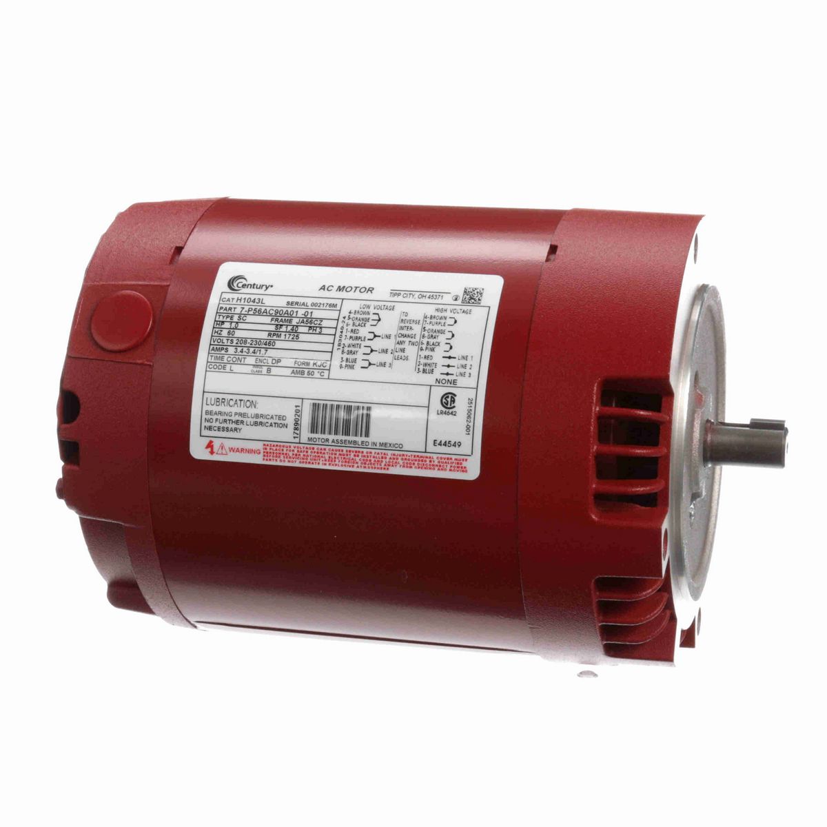 Century Circulator Pump Motor, 1.0 HP, 3 Ph, 60 Hz, 208-230/460 V, 1800 RPM, JA56CZ Frame, DP - H1043L