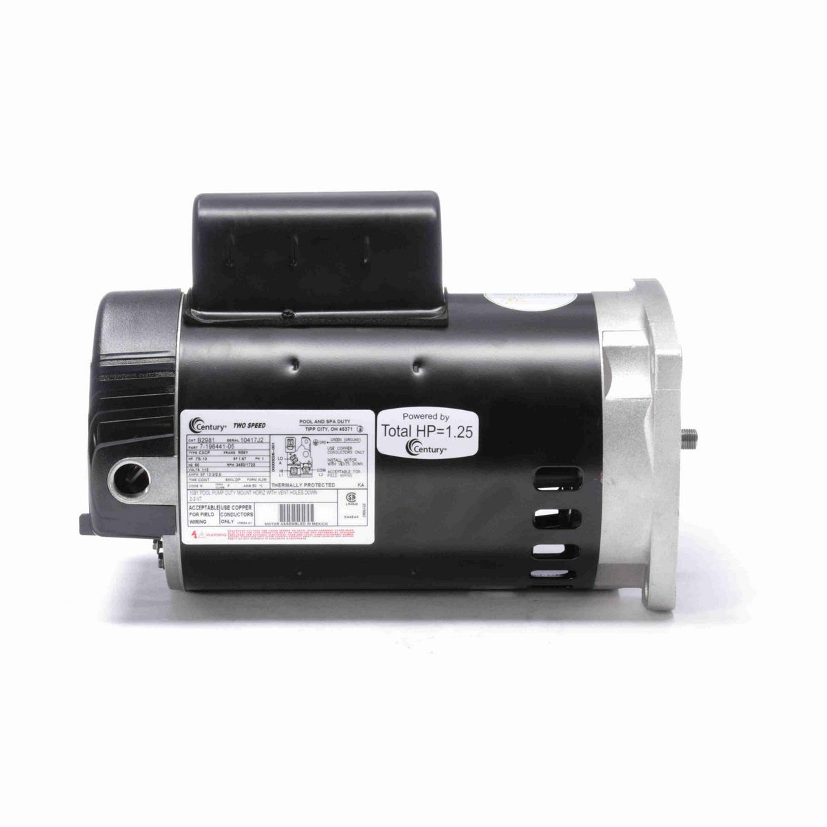 Century Pool Pump Motor, .75/.10 HP, 1 Ph, 60 Hz, 115 V, 3600 RPM, R56Y Frame, DP - B2981
