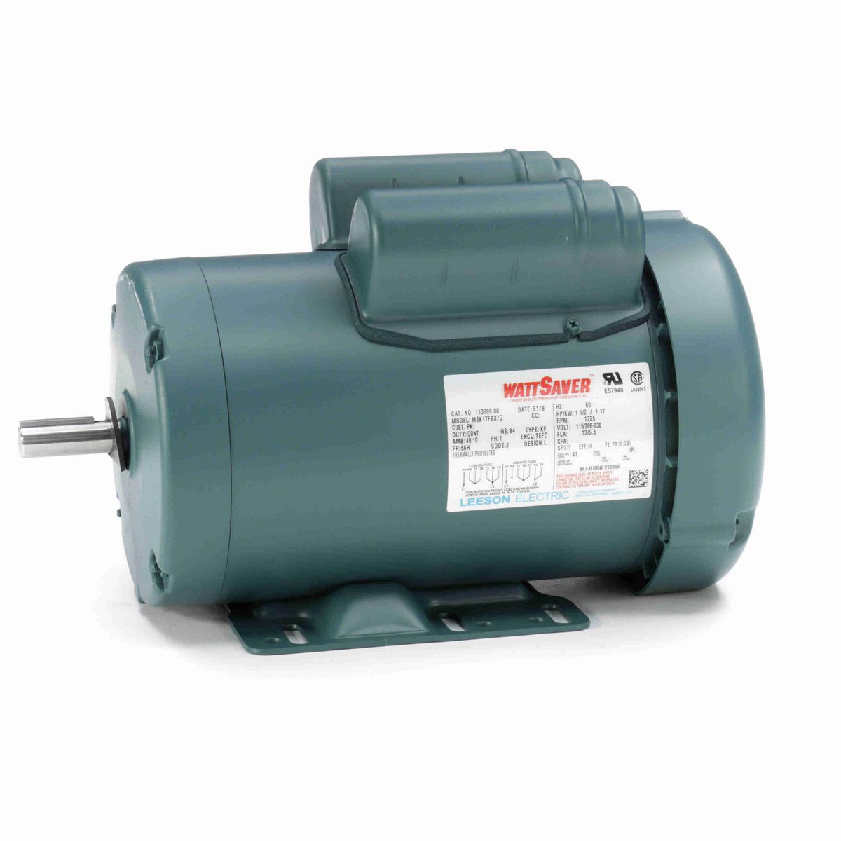 LEESON WATTSAVER® General Purpose Motor, 1.50 HP, 1 Ph, 60 Hz, 115/230 V, 1800 RPM, 56H Frame, TEFC - 113769.00
