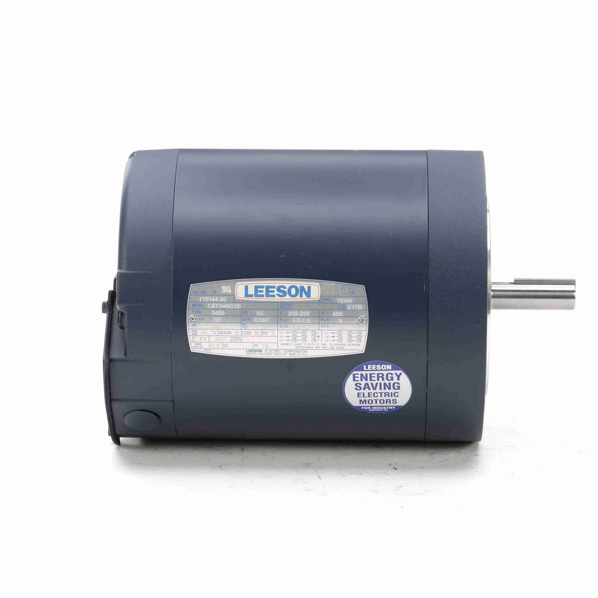 LEESON General Purpose Motor, 0.50 & 0.50 HP, 3 Ph, 60 & 50 Hz, 230/460 & 190/380 V, 3600 & 3000 RPM, 56C Frame, TENV - 110144.00