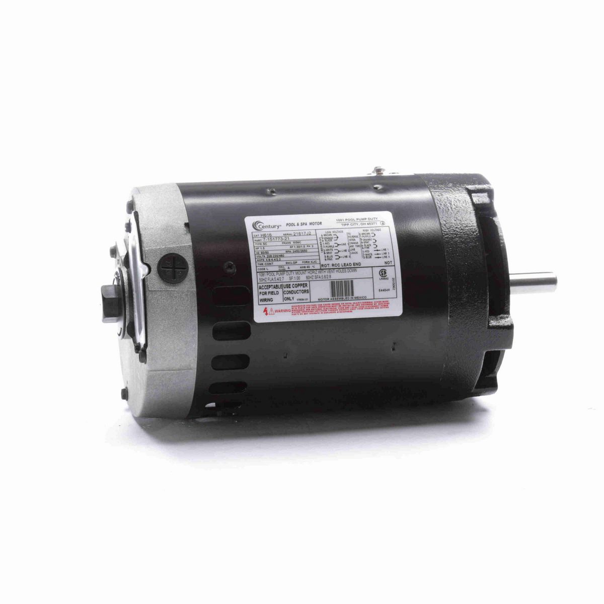 Century Pool Pump Motor, 1.5 HP, 3 Ph, 60 Hz, 208-230/460 V, 3600 RPM, M56C Frame, DP - H616