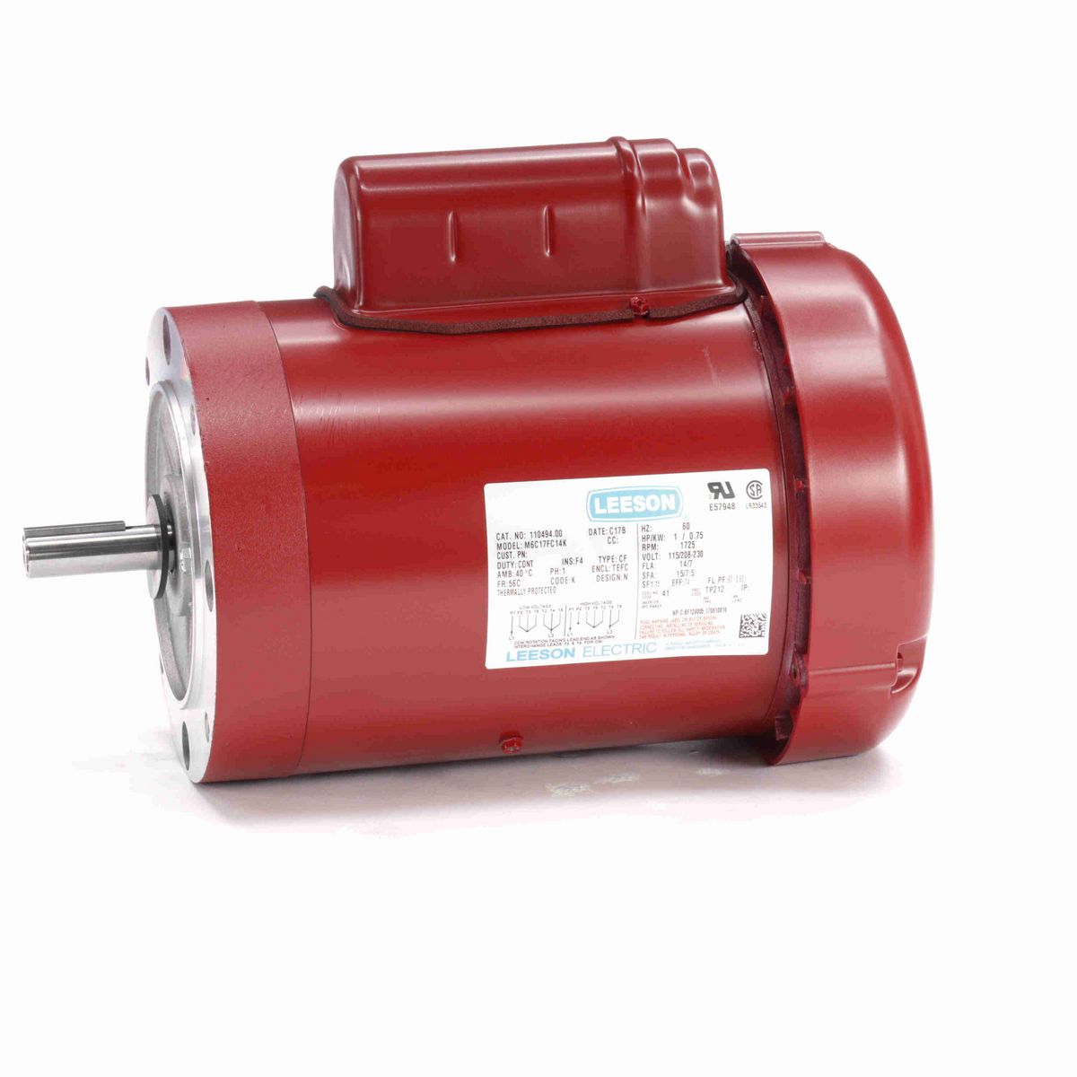 LEESON Agricultural Motor, 1 HP, 1 Ph, 60 Hz, 115/230 V, 1800 RPM, 56C Frame, TEFC - 110494.00