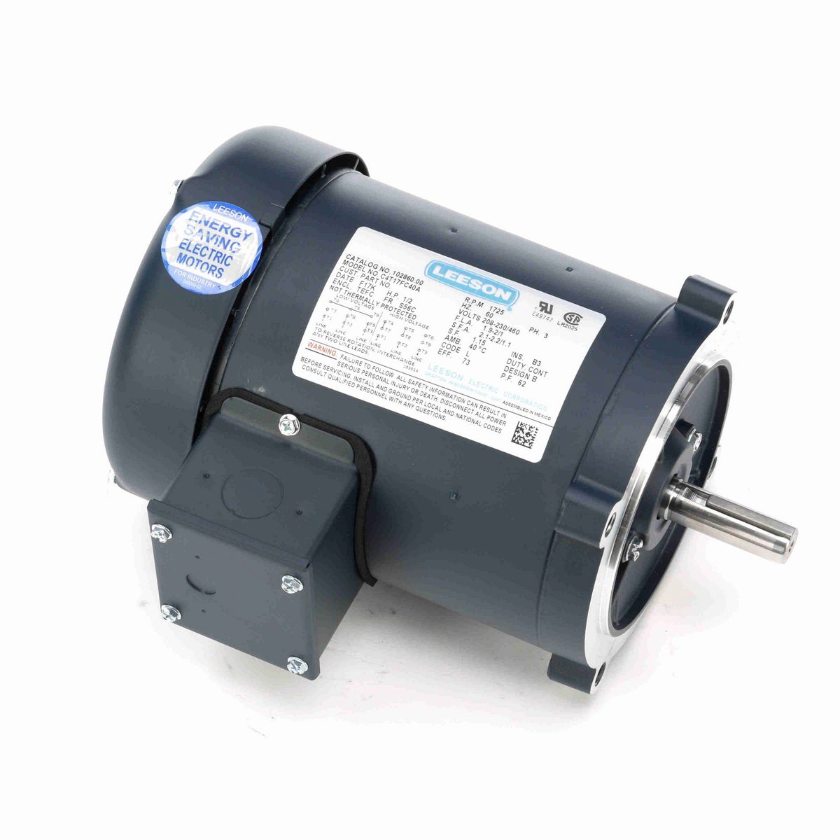 LEESON General Purpose Motor, 0.50 HP, 3 Ph, 60 Hz, 230/460 V, 1800 RPM, S56C Frame, TEFC - 102860.00