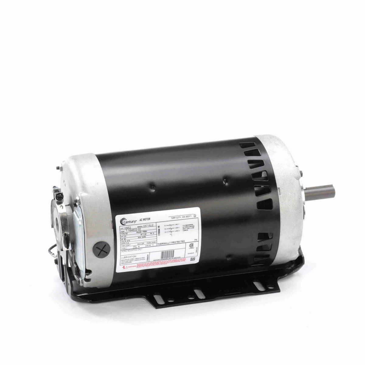 Century General Purpose Motor, 2.0 HP, 3 Ph, 60 Hz, 575 V, 3600 RPM, P56H Frame, DP - H952