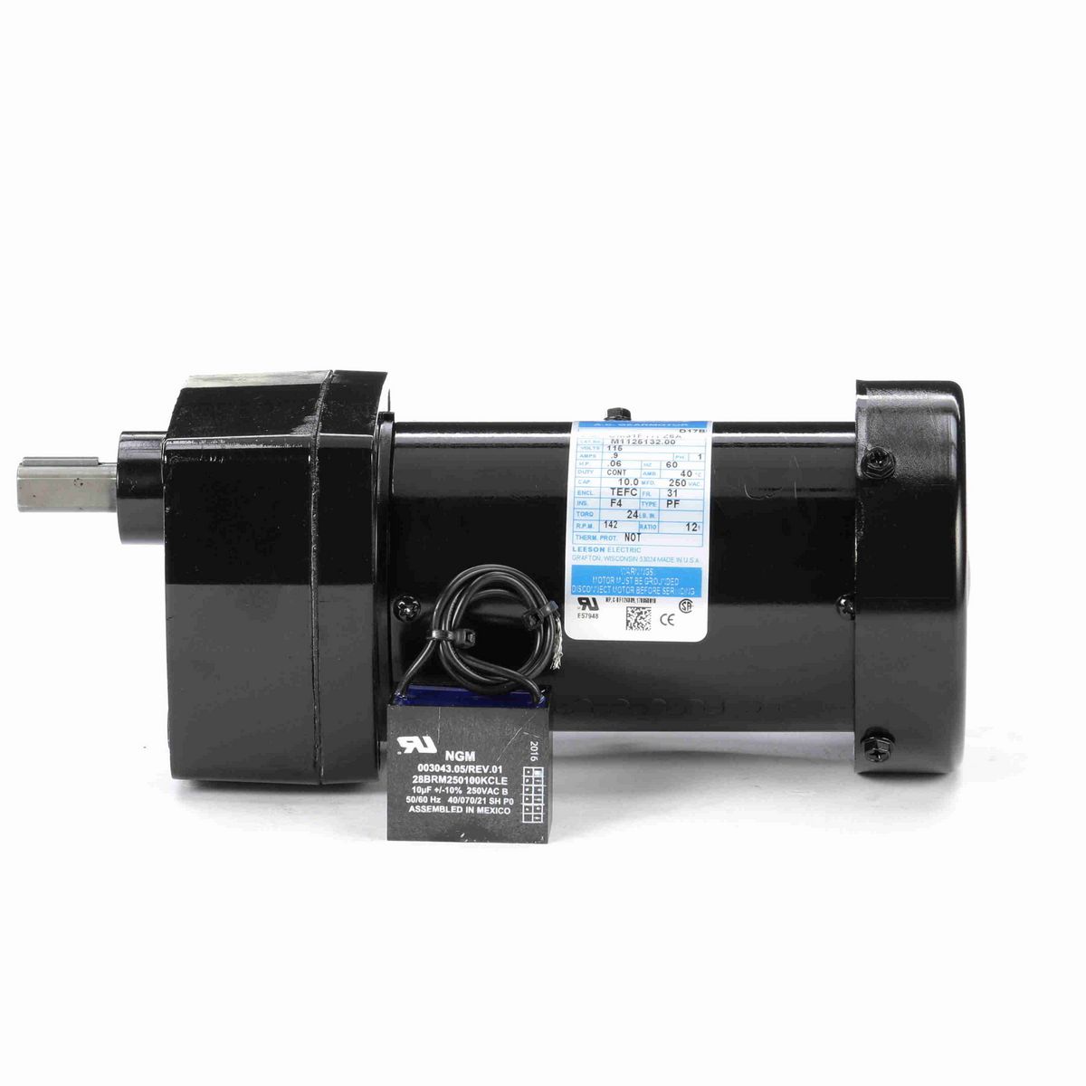 LEESON Parallel Shaft Gearmotor, 0.06 HP, 1 Ph, 60 Hz, 115 V, 142 RPM, 31 Frame, TEFC - M1125132.00