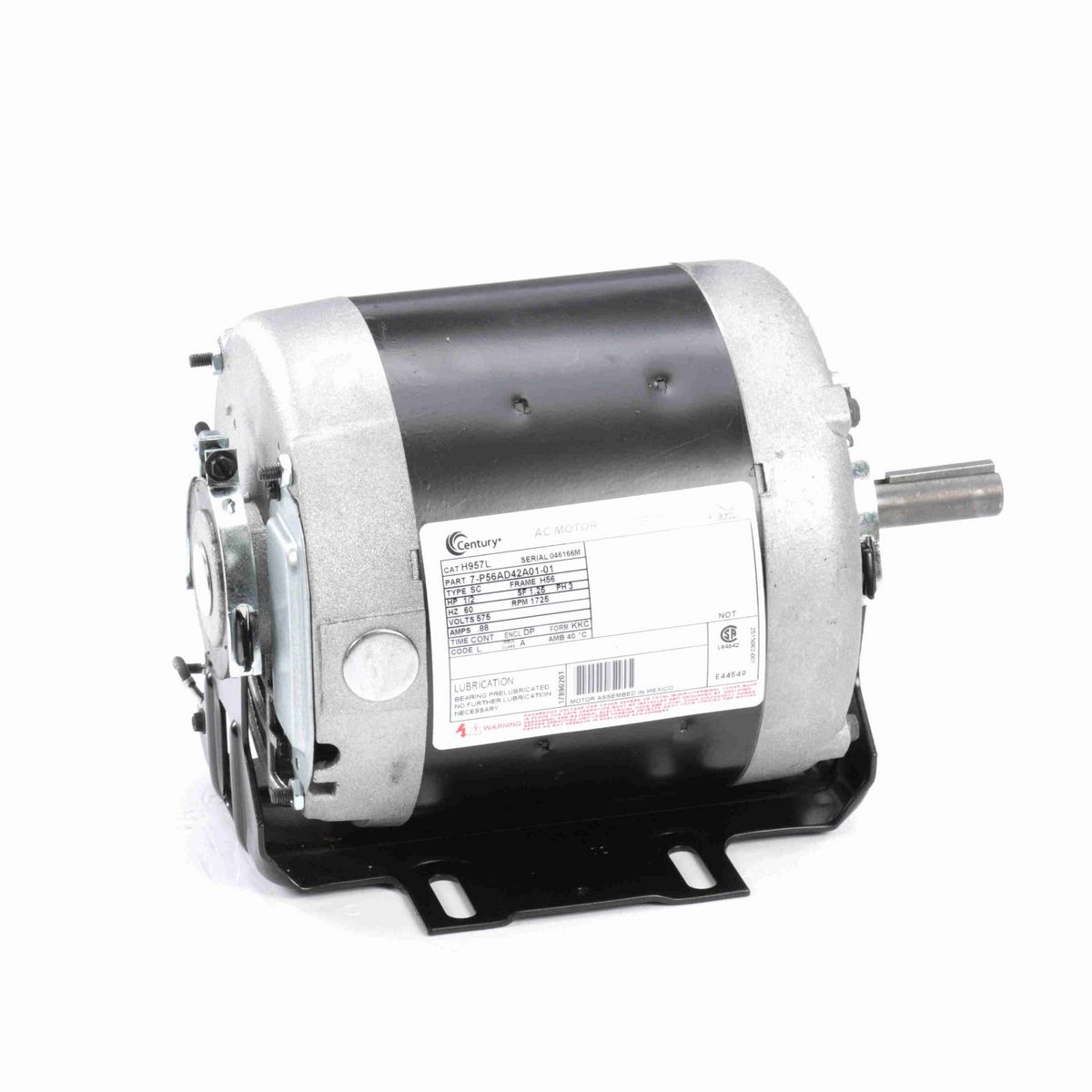 Century Fan and Blower Motor, 1/2 HP, 3 Ph, 60 Hz, 575 V, 1800 RPM, H56 Frame, DP - H957L