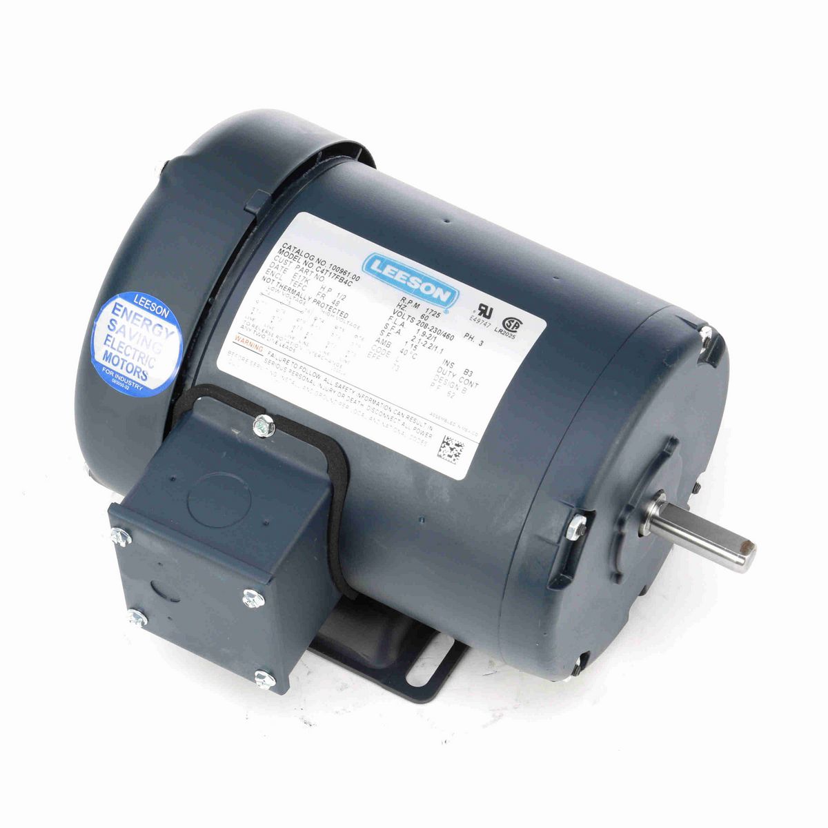 LEESON General Purpose Motor, 0.50 HP, 3 Ph, 60 Hz, 230/460 V, 1800 RPM, 48 Frame, TEFC - 100961.00