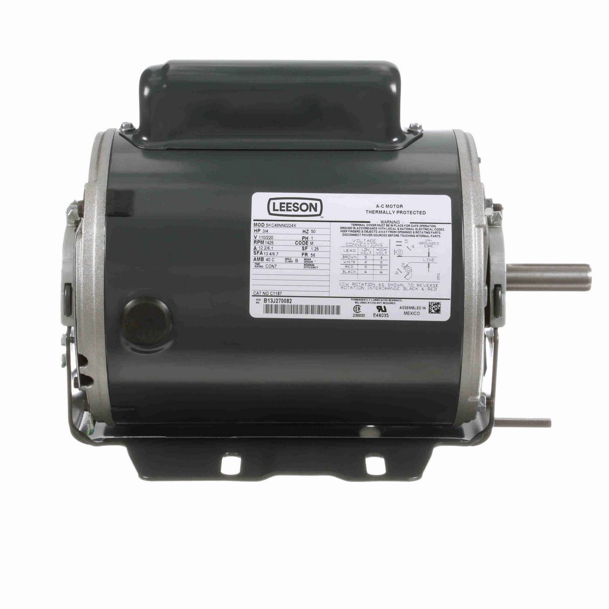 LEESON General Purpose Motor, 0.75 HP, 1 Ph, 50 Hz, 110/220 V, 1500 RPM, 56 Frame, DP - C1187