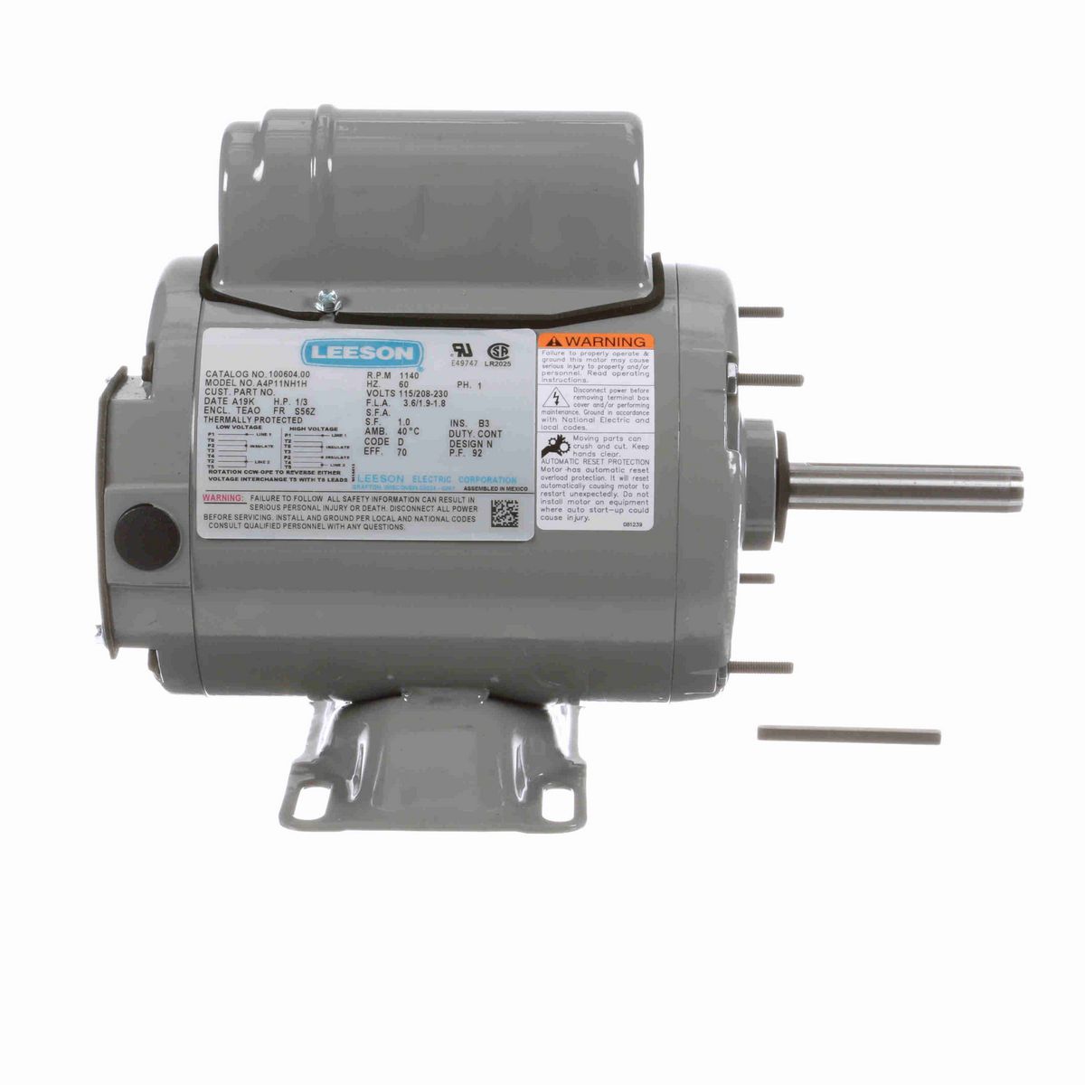 LEESON Agricultural Motor, 0.33 HP, 1 Ph, 60 Hz, 115/230 V, 1200 RPM, S56Z Frame, TEAO - 100604.00