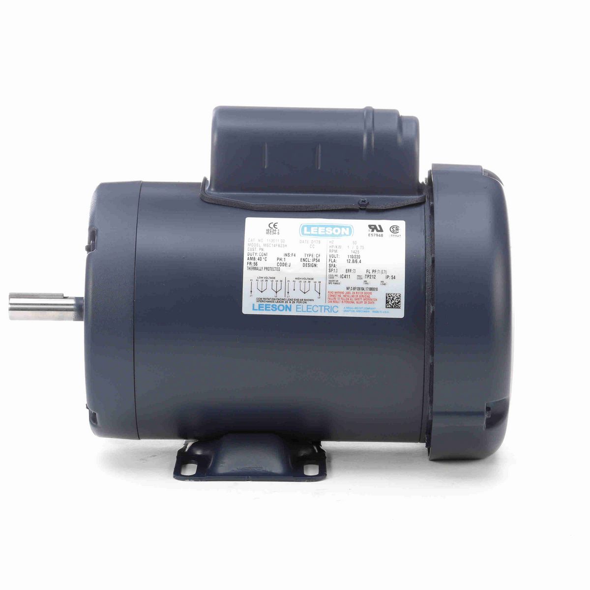LEESON Special Voltage Motor, 1 HP, 1 Ph, 50 Hz, 110/220 V, 1500 RPM, 56 Frame, TEFC - 113911.00