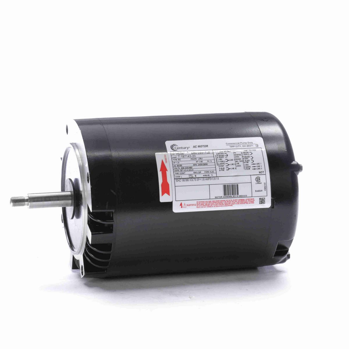 Century General Purpose Pump Motor, 1.0 HP, 3 Ph, 60 Hz, 208-230/460 V, 3600 RPM, L56J Frame, DP - H506