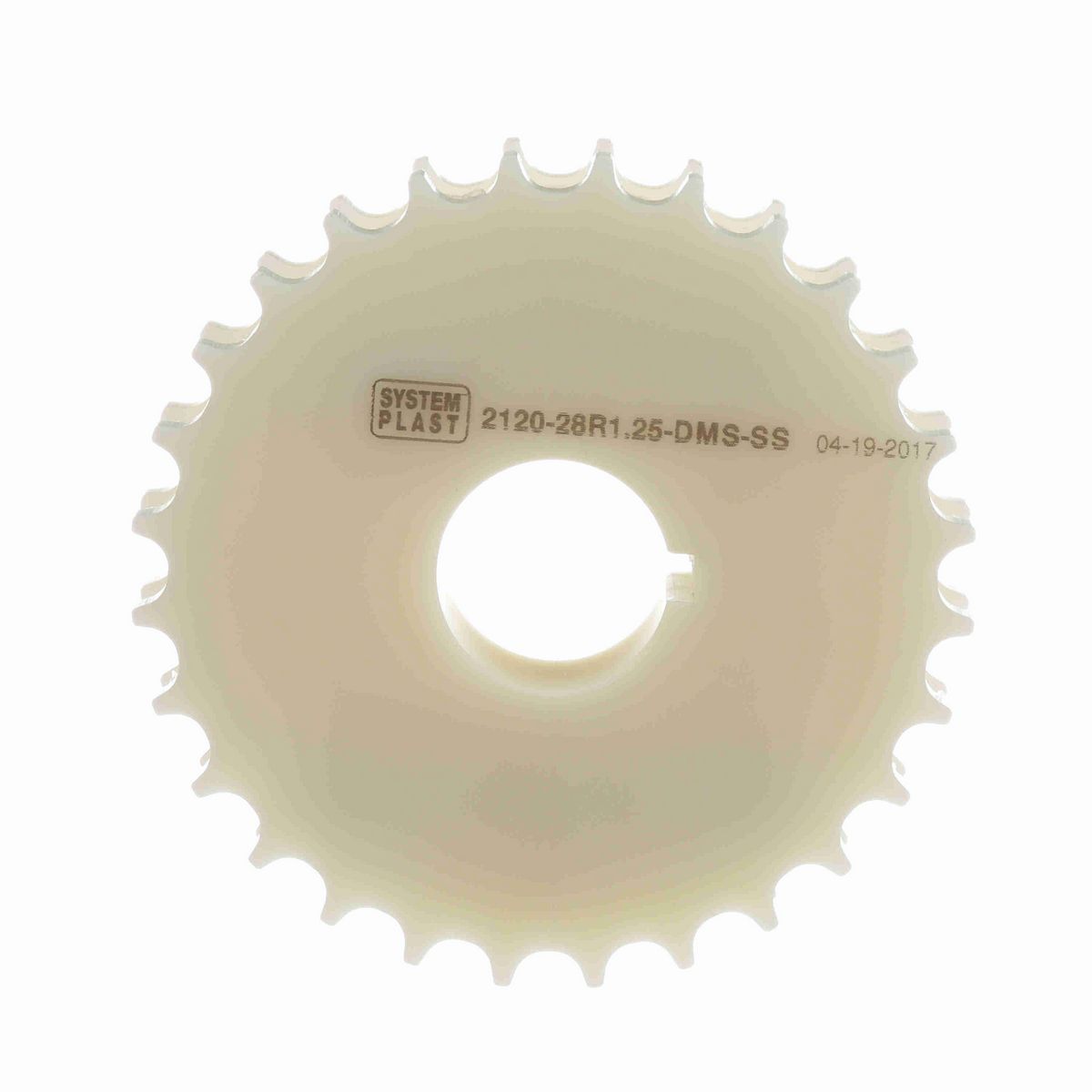 System Plast 2120 Series Split Machined Sprocket with 28 Teeth, a 1-1/4in Round Shaft-Ready Bore and Setscrew - 2120-28R1.25-DMS-SS