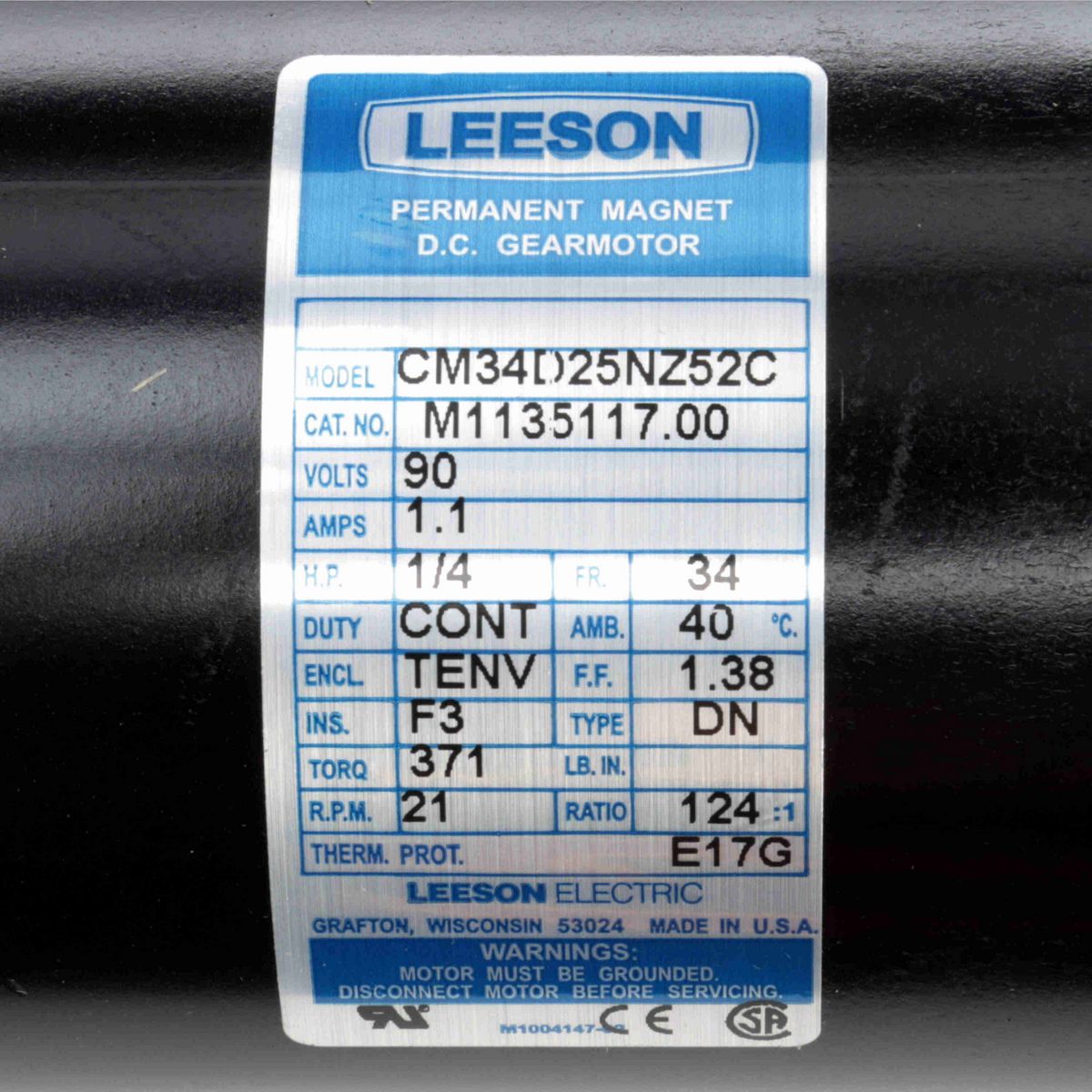 LEESON Parallel Shaft Gearmotor, 0.25 HP, 90 V, 21 RPM, 34 Frame, TENV - M1135117.00
