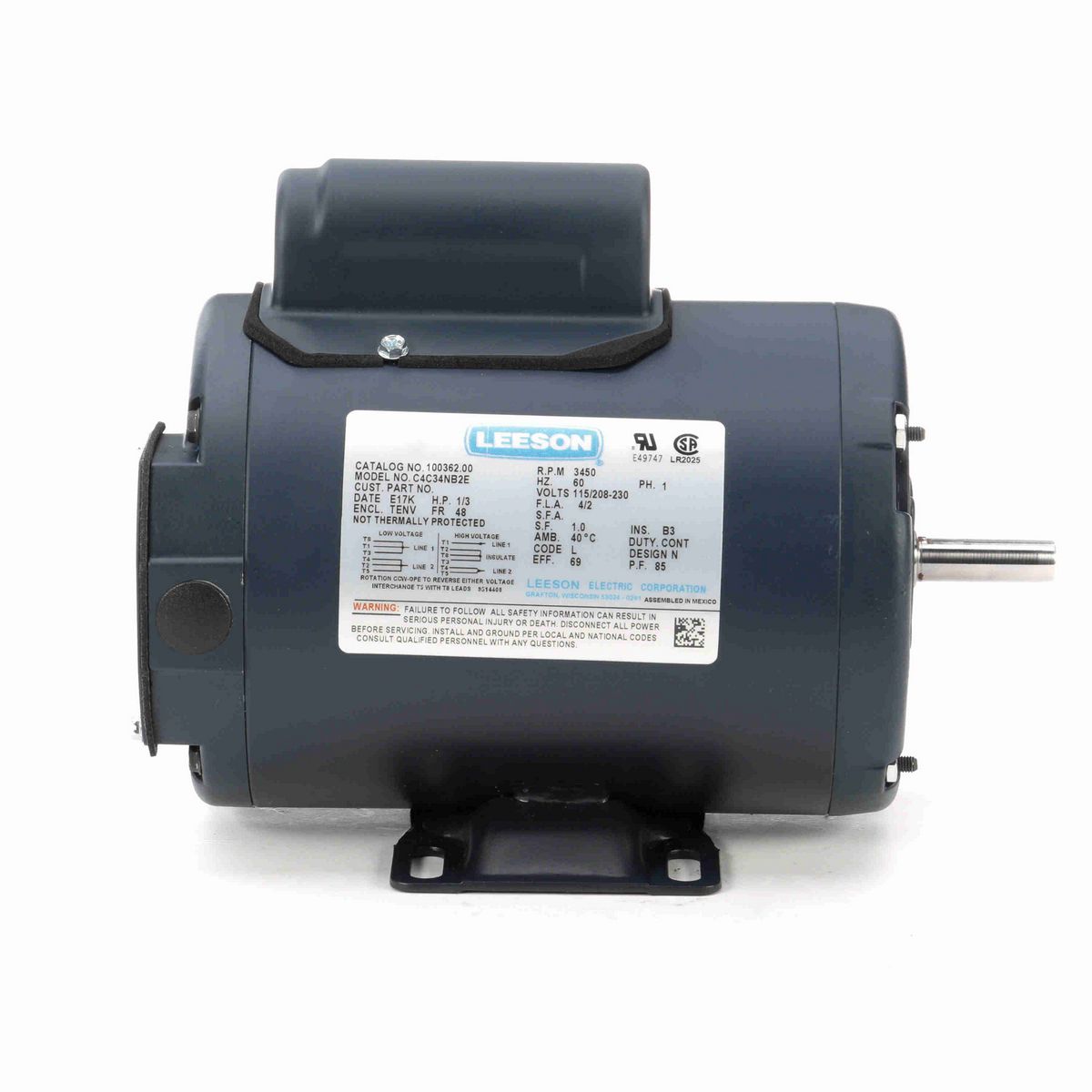 LEESON General Purpose Motor, 0.33 HP, 1 Ph, 60 Hz, 115/230 V, 3600 RPM, 48 Frame, TENV - 100362.00
