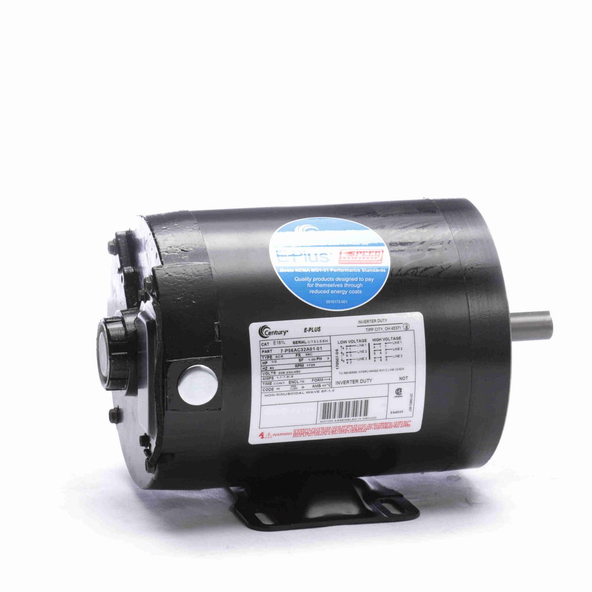 Century E-PLUS ® Speed Ratio Motor, 1/2 HP, 3 Ph, 60 Hz, 208-230/460 V, 1800 RPM, 56C Frame, TENV - E181L