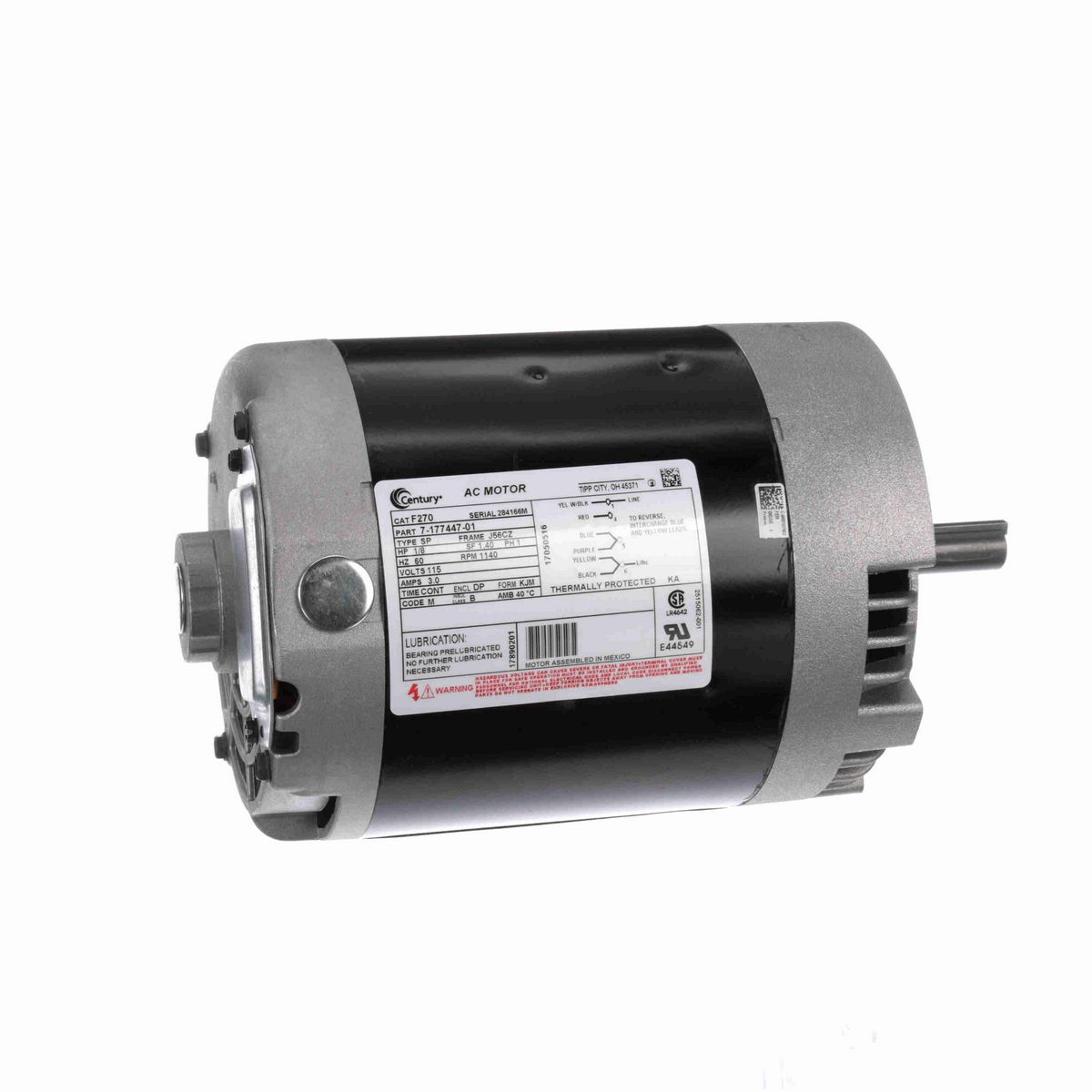Century Ventilation Motor, 1/8 HP, 1 Ph, 60 Hz, 115 V, 1200 RPM, J56CZ Frame, DP - F270