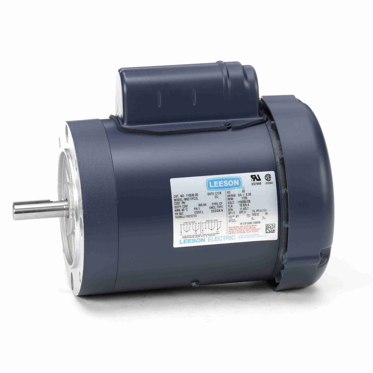 LEESON General Purpose Motor, 0.75 HP, 1 Ph, 60 Hz, 115/230 V, 1800 RPM, 56C Frame, TEFC - 110040.00