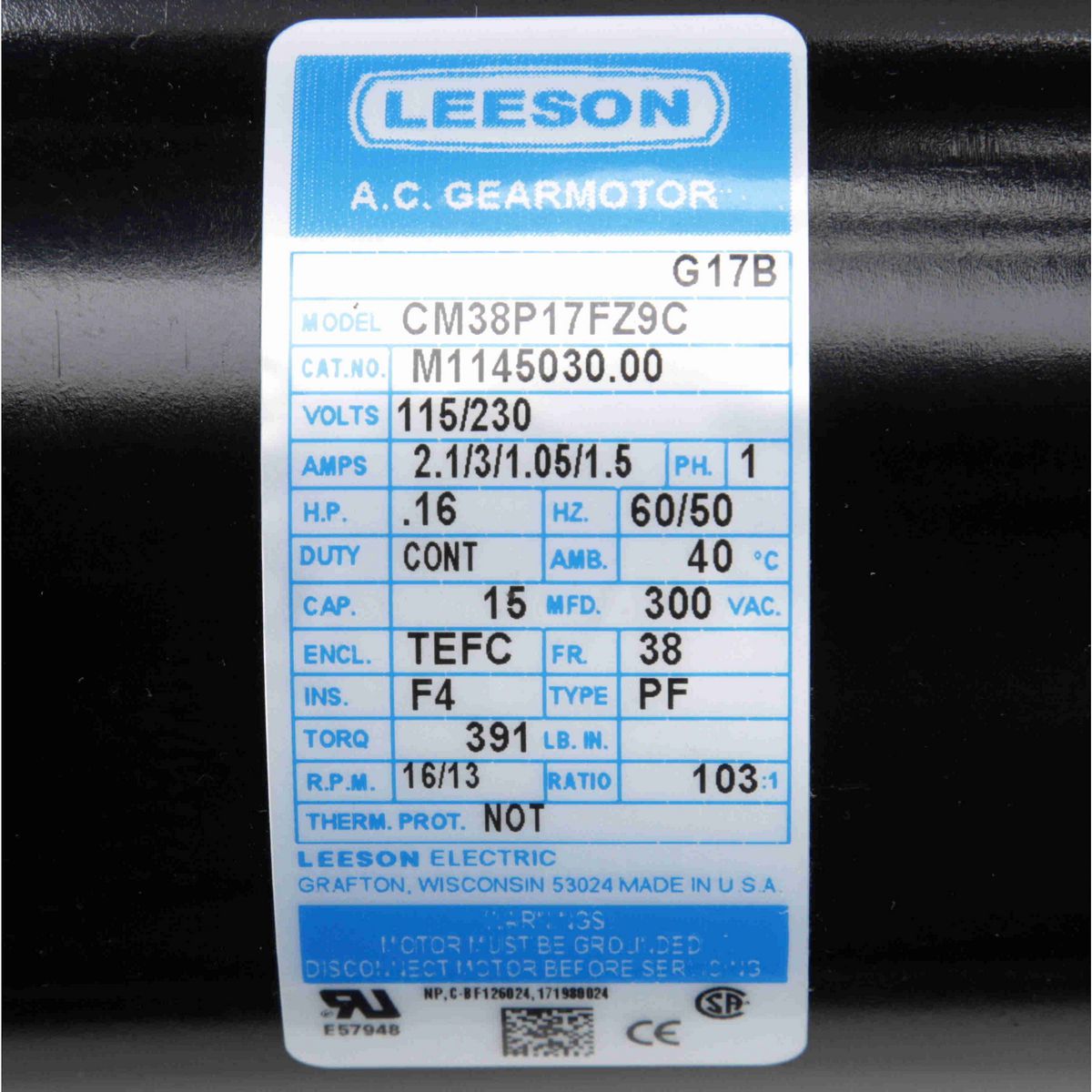 LEESON Parallel Shaft Gearmotor, 0.16 HP, 1 Ph, 60 Hz, 115 V, 16 RPM, 38 Frame, TEFC - M1145030.00
