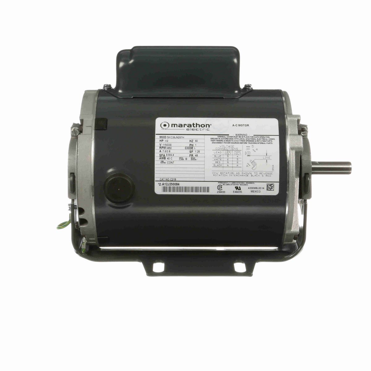 LEESON .5 HP General Purpose Motor, 1 phase, 3600 RPM, 115/230 V, 48 Frame, ODP - C219