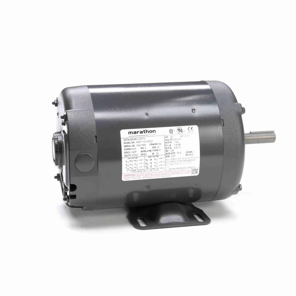 LEESON General Purpose Motor, 0.50 & 0.33 HP, 3 Ph, 60 & 50 Hz, 230/460 & 190/380 V, 1200 & 1000 RPM, 56 Frame, DP - G067A