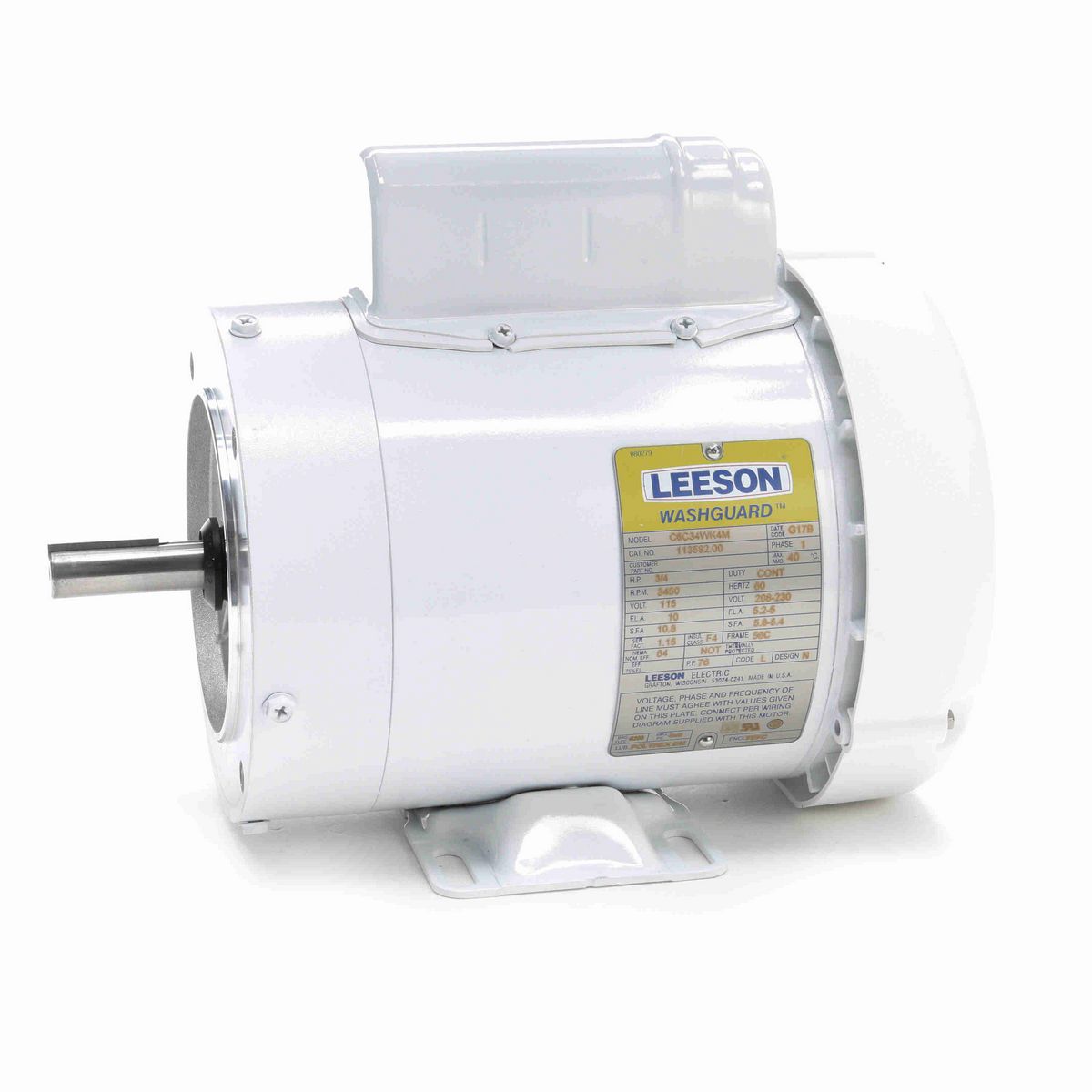 LEESON White Duck™ General Purpose Motor, 0.75 HP, 1 Ph, 60 Hz, 115/230 V, 3600 RPM, 56C Frame, TEFC - 113582.00