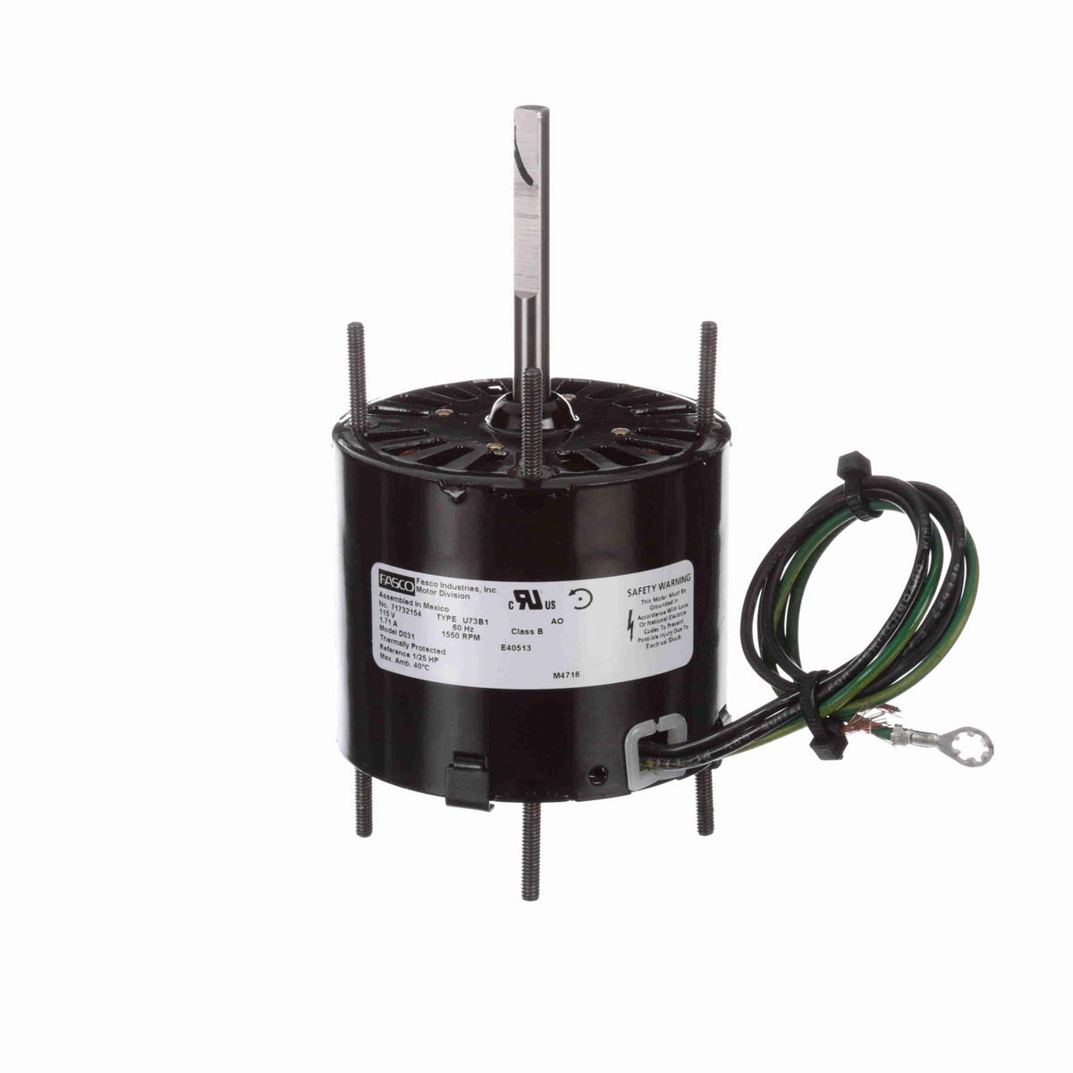 FASCO Ventilation Motor, 1/25 HP, 1 Ph, 60 Hz, 115 V, 1550 RPM, 1 Speed, 3.3" Diameter, OAO - D031