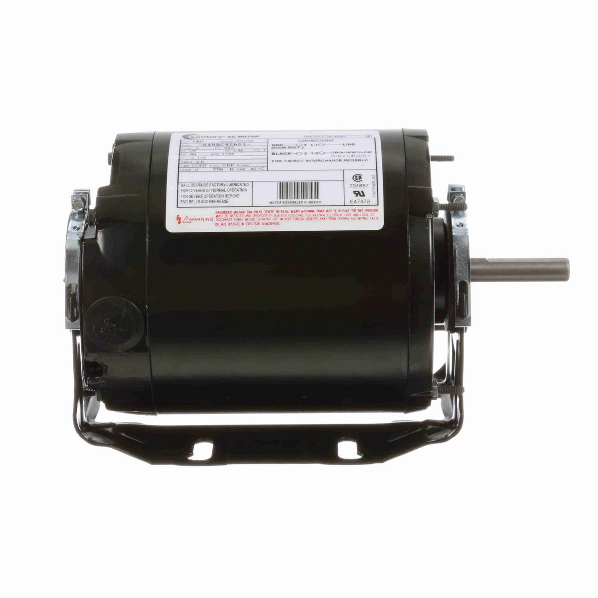Century General Purpose Motor, 1/6 HP, 1 Ph, 60 Hz, 115 V, 1800 RPM, 48Z Frame, ODP - F401