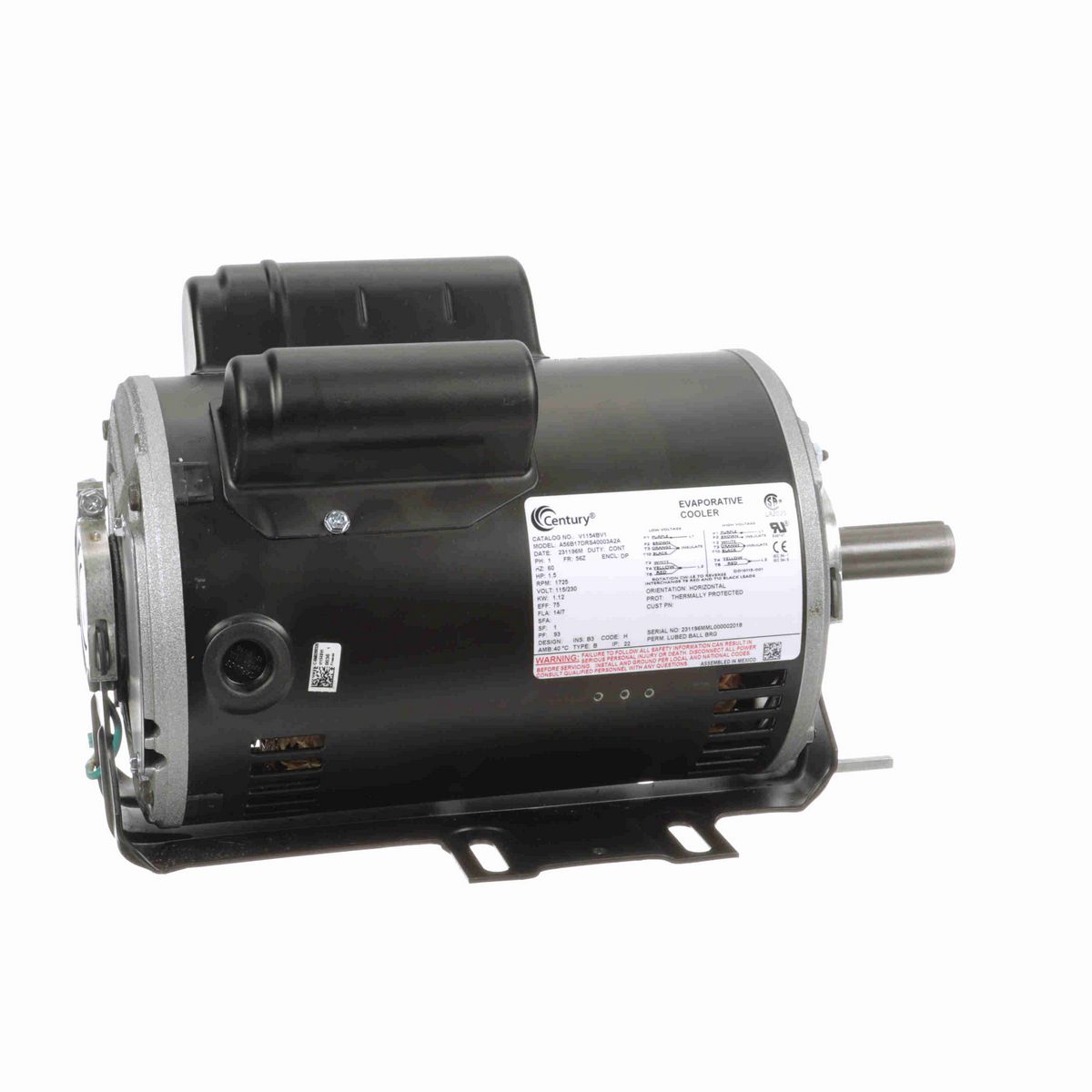 Century Refrigeration Motor, 1.5 HP, 1 Ph, 60 Hz, 115/230 V, 1800 RPM, 56Z Frame, DP - V1154BV1