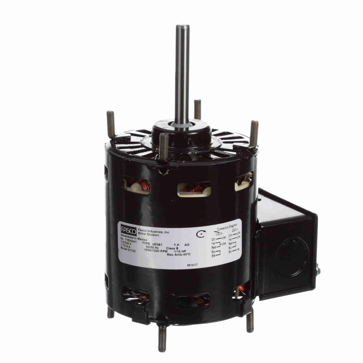 FASCO OEM Replacement Motor, 1/15 HP, 1 Ph, 60 Hz, 115/230 V, 1500/1300 RPM, 1 Speed, 3.3" Diameter, OAO - D1142