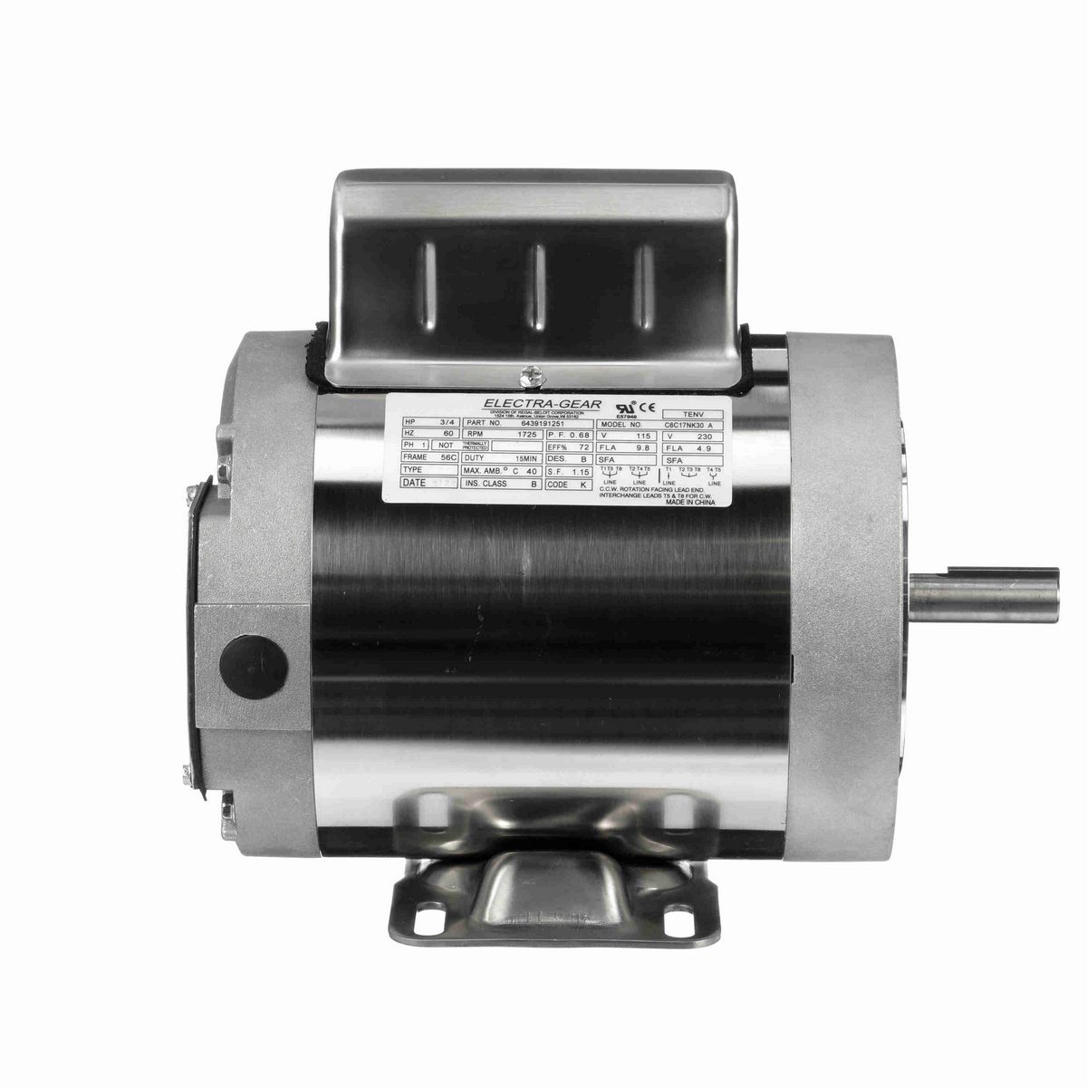 LEESON Boat Hoist Duty Motor, 0.75 HP, 1 Ph, 60 Hz, 115/230 V, 1800 RPM, 56C Frame, TENV - 6439191251