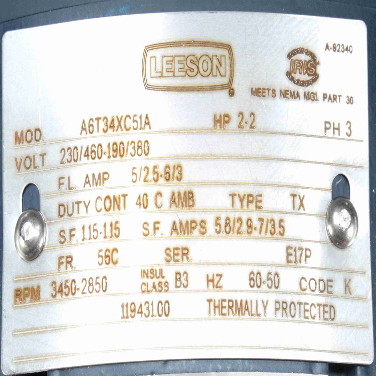 LEESON Explosion Proof Motor, 2 & 2 HP, 3 Ph, 60 & 50 Hz, 230/460 & 190/380 V, 3600 & 3000 RPM, 56C Frame, EPFC - 119431.00