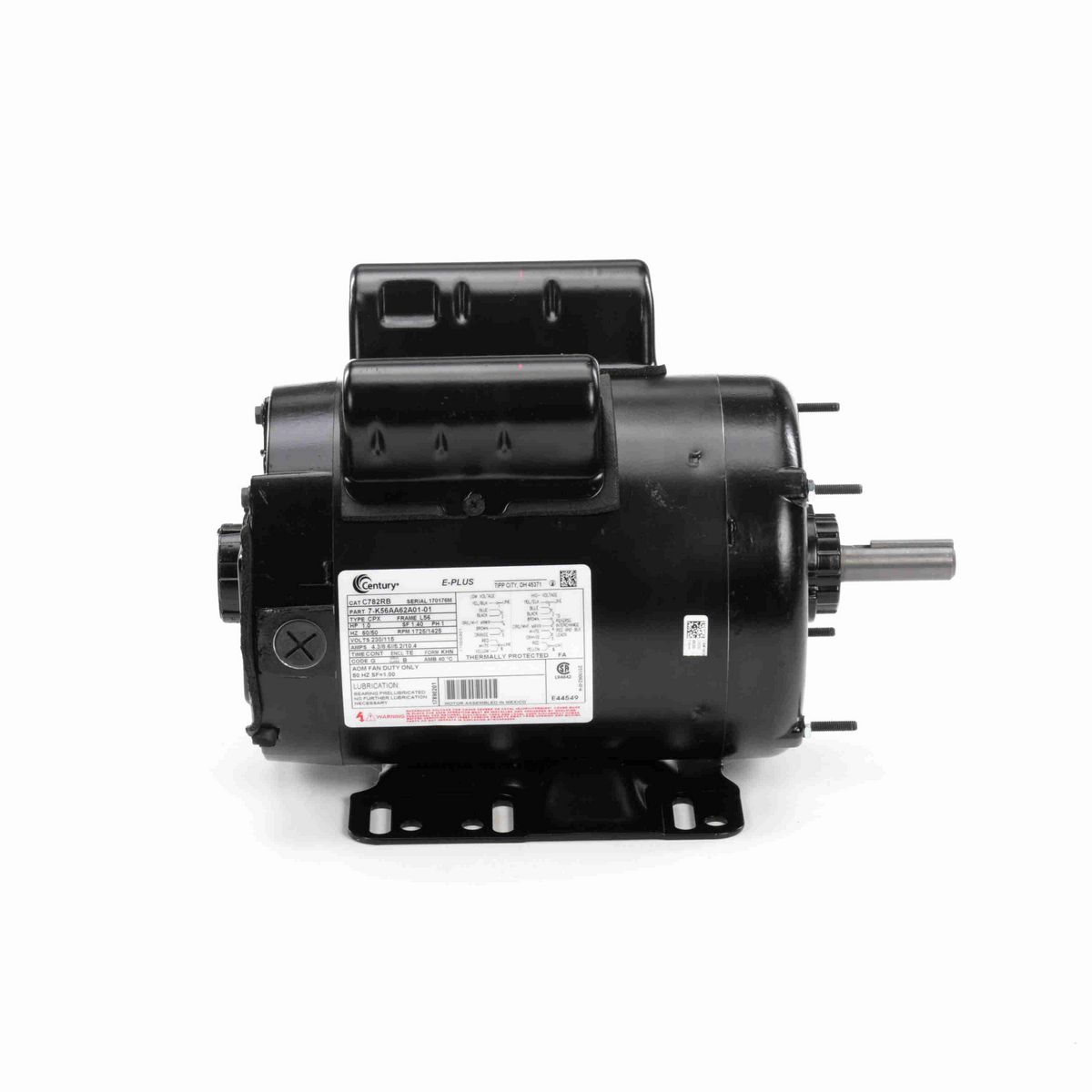 Century Belt Drive Fan Motor, 1.0 HP, 1 Ph, 60/50 Hz, 230/115 V, 1800 RPM, L56None Frame, TENV - C782RB
