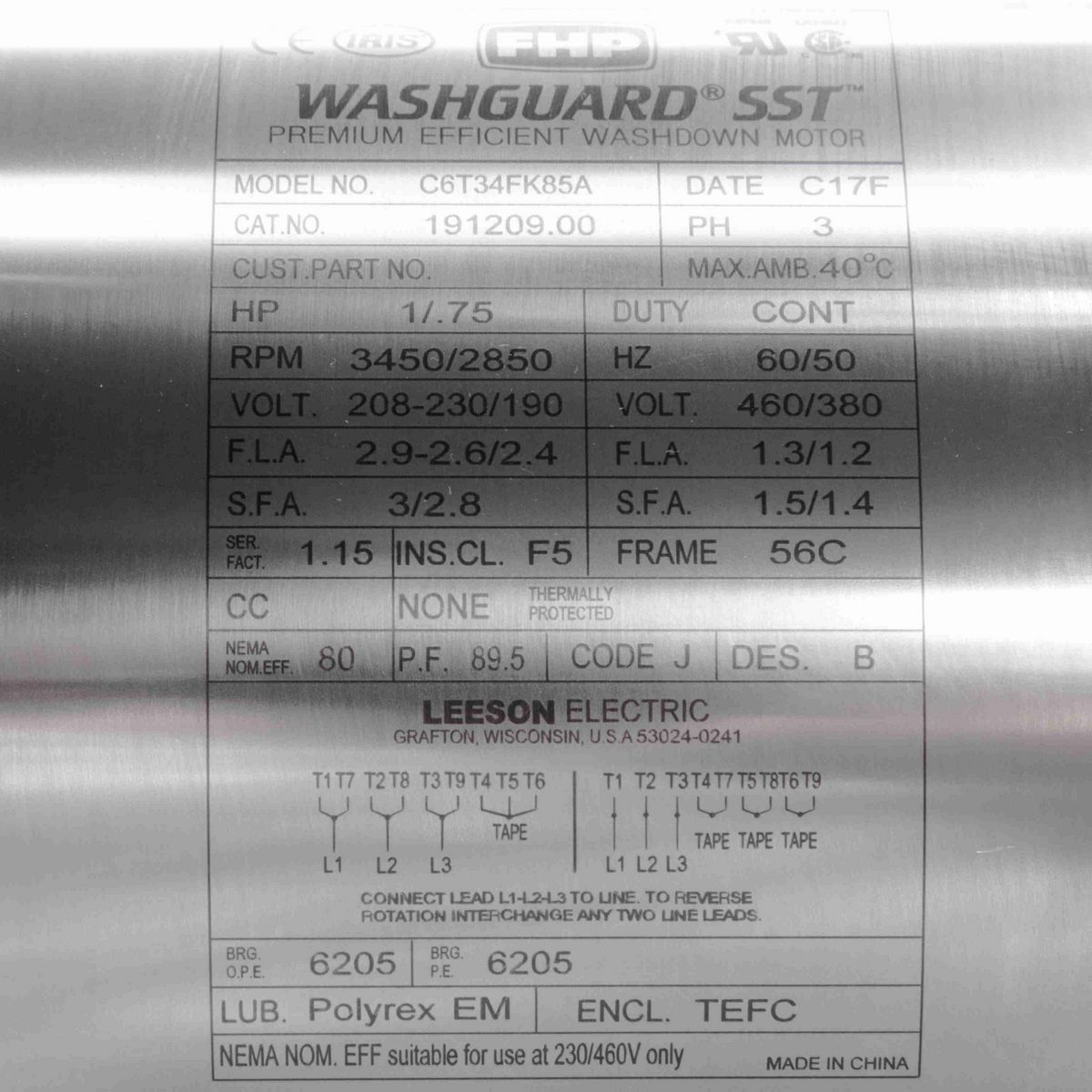 LEESON SST Duck™ General Purpose Motor, 1 & 0.75 HP, 3 Ph, 60 & 50 Hz, 230/460 & 190/380 V, 3600 & 3000 RPM, 56HC Frame, TEFC - 191209.00