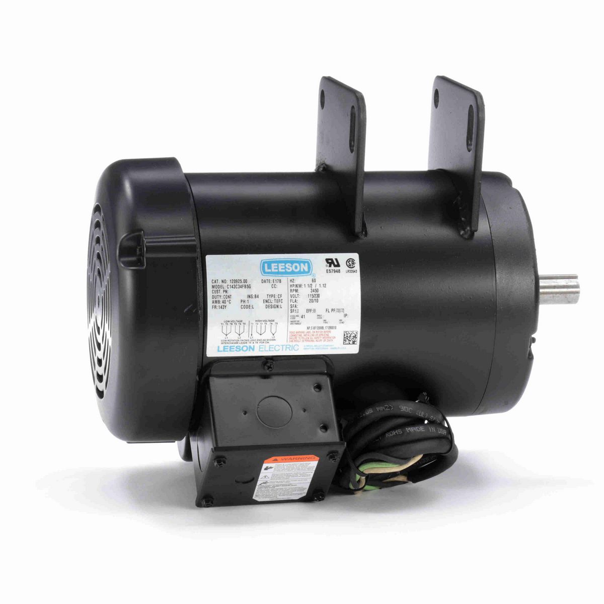 LEESON Other Purpose Motor, 1.50 HP, 1 Ph, 60 Hz, 115/230 V, 3600 RPM, 143Y Frame, TEFC - 120925.00