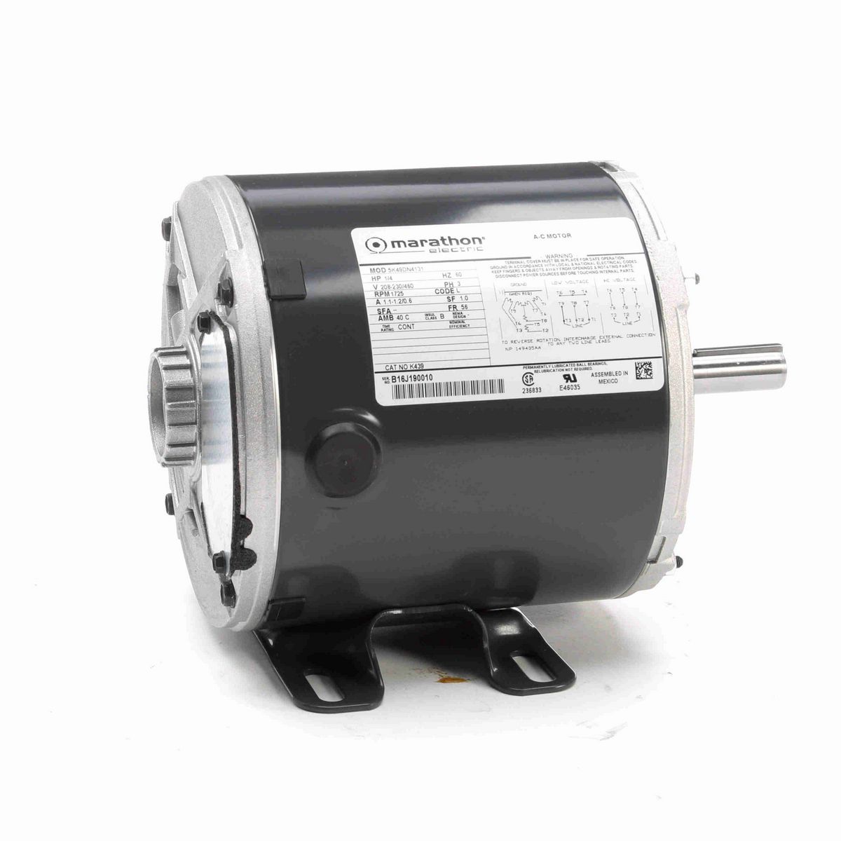 LEESON General Purpose Motor, 0.25 HP, 3 Ph, 60 Hz, 208-230/460 V, 1800 RPM, 56 Frame, TENV - K439