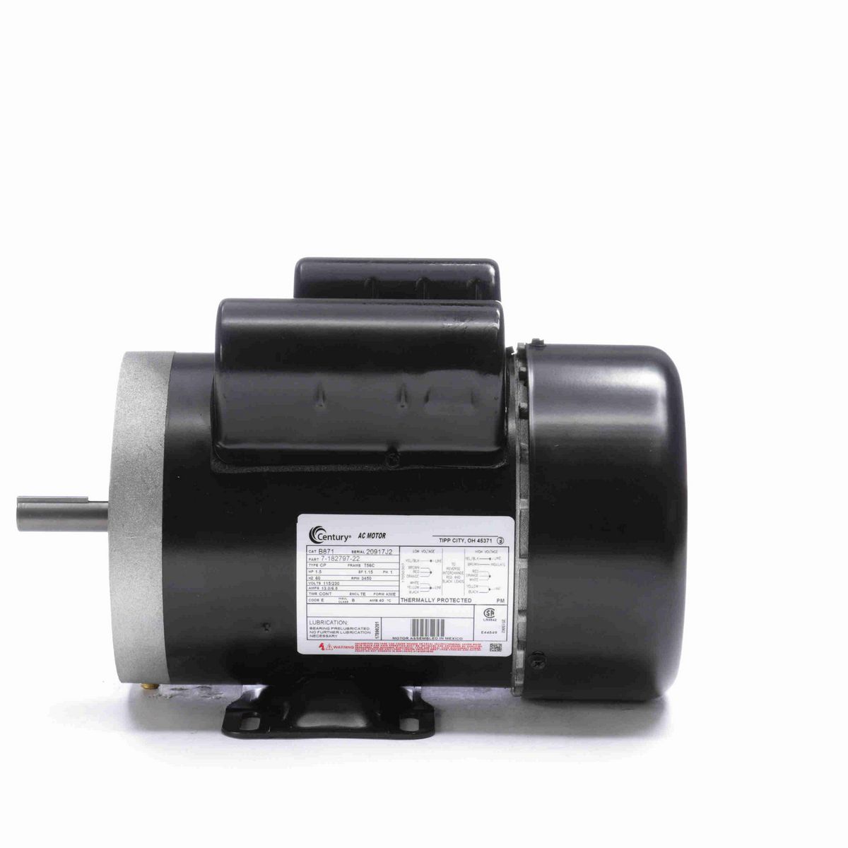 Century General Purpose Motor, 1.5 HP, 1 Ph, 60 Hz, 115/230 V, 3600 RPM, T56C Frame, TEFC - B871
