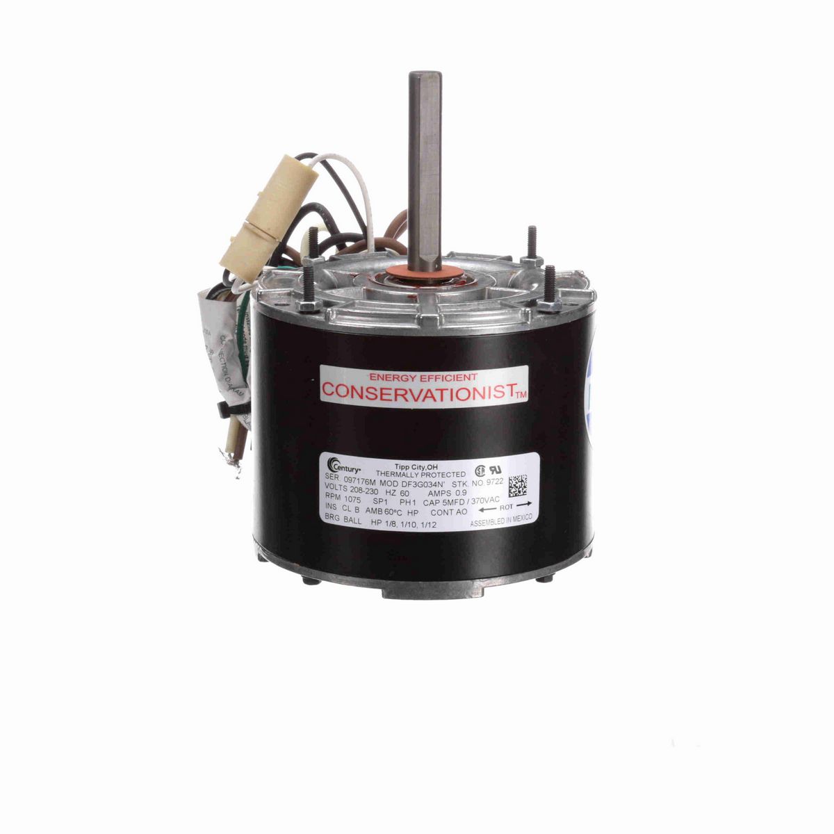 Century MULTIFIT® Condenser Fan Motor, 1/8-1/10-1/12 HP, 1 Ph, 60 Hz, 208-230 V, 1075 RPM, 1 Speed, 42 Frame, TEAO - 9722